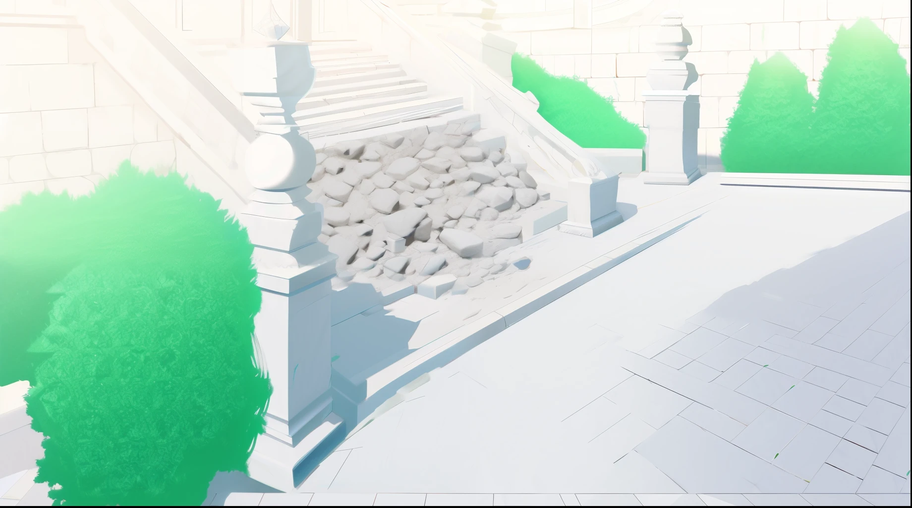 vector style, eurpean architecture, destroyed marble stairs in the center, rubble on the stairs, stone wall, well kept green palace garden with stone path in the middle, very detailed, no buildings, no palace in the center, warm colors of the sky