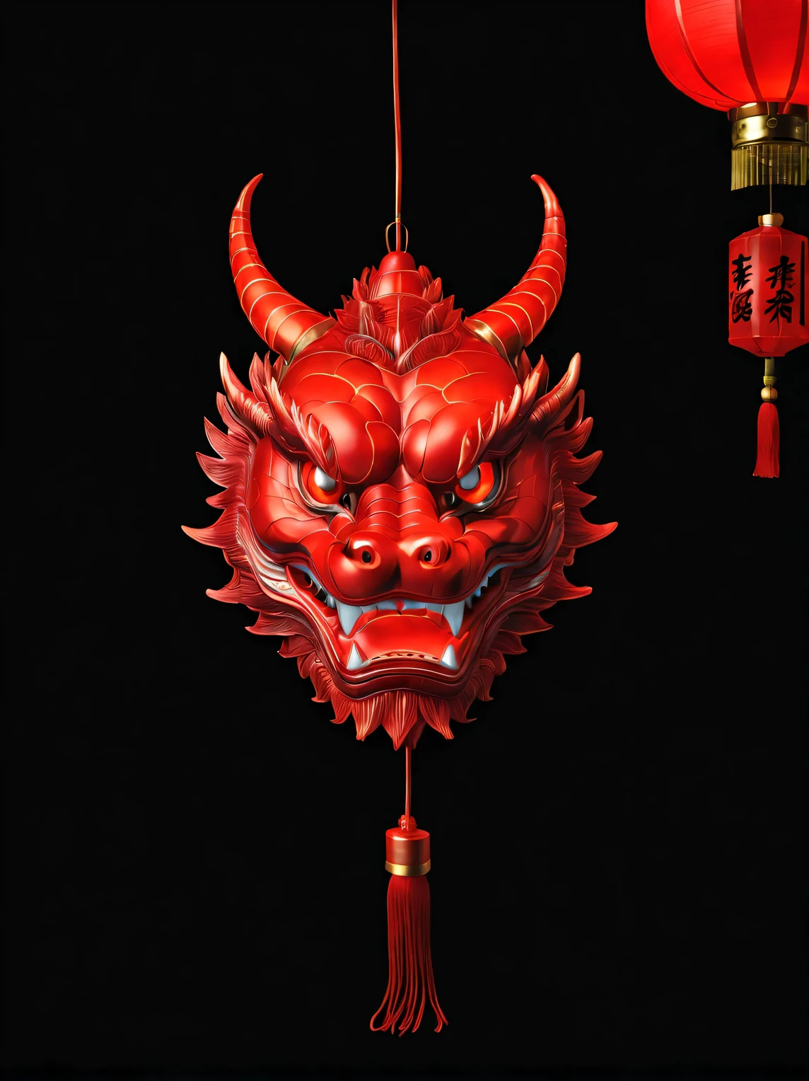 (product design),(Close-up of red lantern in the shape of Chinese dragon head),internal glow,background:black,3D, cutting
