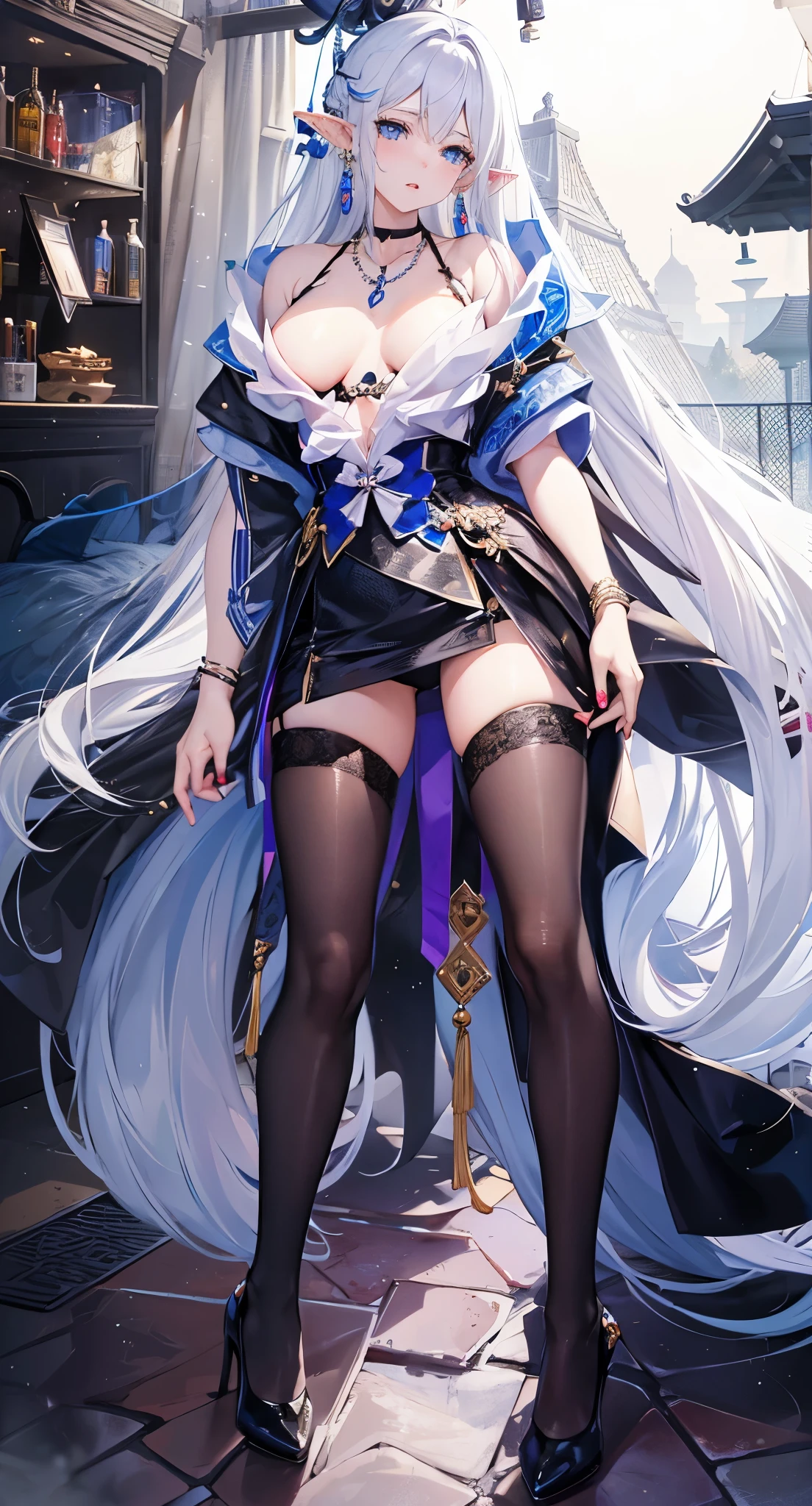 extremely normal body,白色long hair,close up,dream world,Elf mature, 银白色long hair,long hair,tear nevus,earrings,(lipstick,earrings),necklace,a pair of bracelets,Black strappy hip skirt,humanoid, paris bar background, her skin white, fair complexion,blue eyes,白色long hair, Two long black stocking legs,High heel,black legs,,tattoo