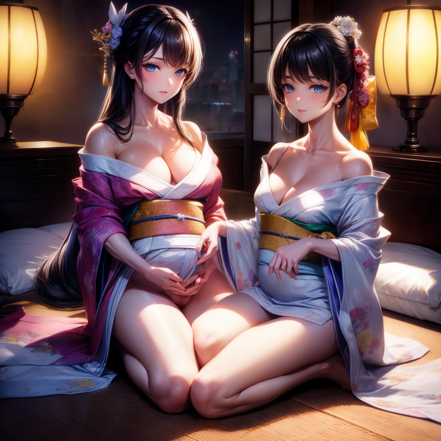 （8K ，Ultra-detailed，Super real photoest masterpiece，Nature，perfect work of art，perfect female body），two women，mother and daughter， maternal desire，rainbow hair，（，，巨big的），neighbor wife，woman hairstyle，elegant wife，in bedroom，Exquisite and ，Wear revealing kimono，super short kimono，Wearing a low-cut, off-the-shoulder kimono，Embed，big，，full body shoastic muscles，raised raised raised，Obscenity exposed ，