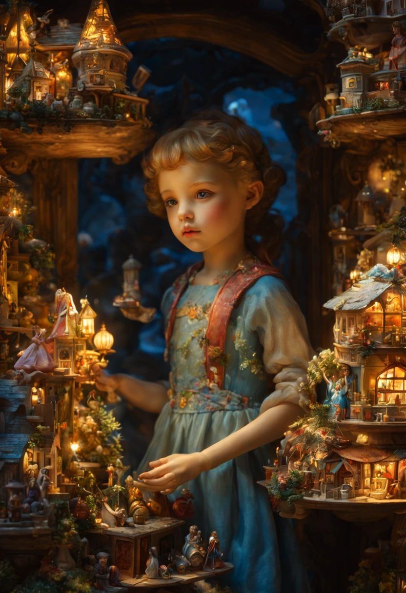 Closeup of an enchanting window display of a toy shop filled with the wonderful magical miniature fantasy world of toys, trains and dolls, midnight shiny glowing moist, deep eyes, delicate scales, magical aura, illustration, perfect shapes and textures, fine details, nose, artistic shaded lighting by giuseppe dangelico pino, artgerm, michael garmash, rob rey, oil painting, wlop, 16k matte painting, a masterpiece, oil gouache melting, acrylic, high contrast, colorful polychromatic, ultra detailed, ultra quality, CGSociety