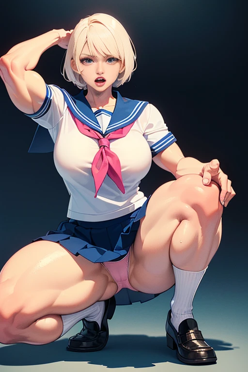 (best quality, 8k, highres, photorealistic:2.0), (solo, one girl:2.0),(lighting: strong),(lighting: front),(The woman opens her mouth wide and screams loudly:1.5),(very muscular girl:2.0),(bodybuilder girl:2.0),(oily skin:2.0),((platinum blonde short hair:1.5),(Squat down on one knee and spread your legs apart.:1.5),(raise both arms behind your head:1.5),(wearing black loafers:1.5),short sleeve school uniform, short white shirt, blue sailor collar, red neckerchief, white socks, blue skirt, blue pleated mini skirt, (Wearing light pink panties),