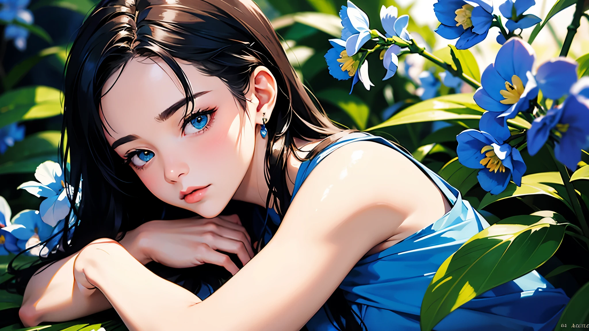 Beautiful blue orchids, ultra-detailed, realistic, high-res, masterpiece:1.2, vivid colors, soft light, subtle shadows, delicate petals, green leaves, dew drops, fragrant scent, painted in oil, bokeh.