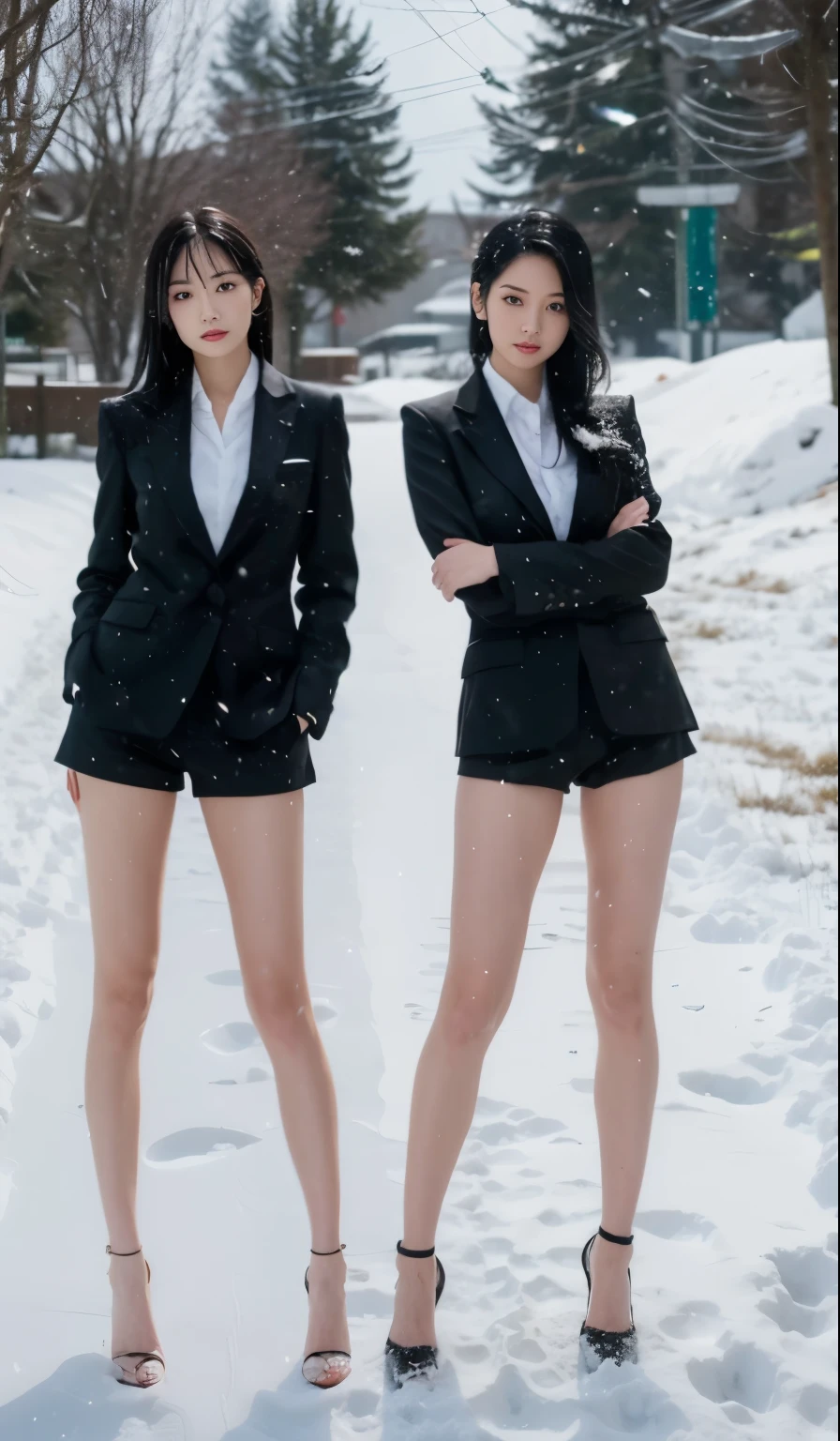 Japanese woman, long black hair, beautiful face, double eyelids, black suit, micro shorts, beautiful legs, tall height, thighs, bare legs, stiletto heels, heavy snow, blizzard, snowfall, blizzard, strong wind, hair tousled by the wind