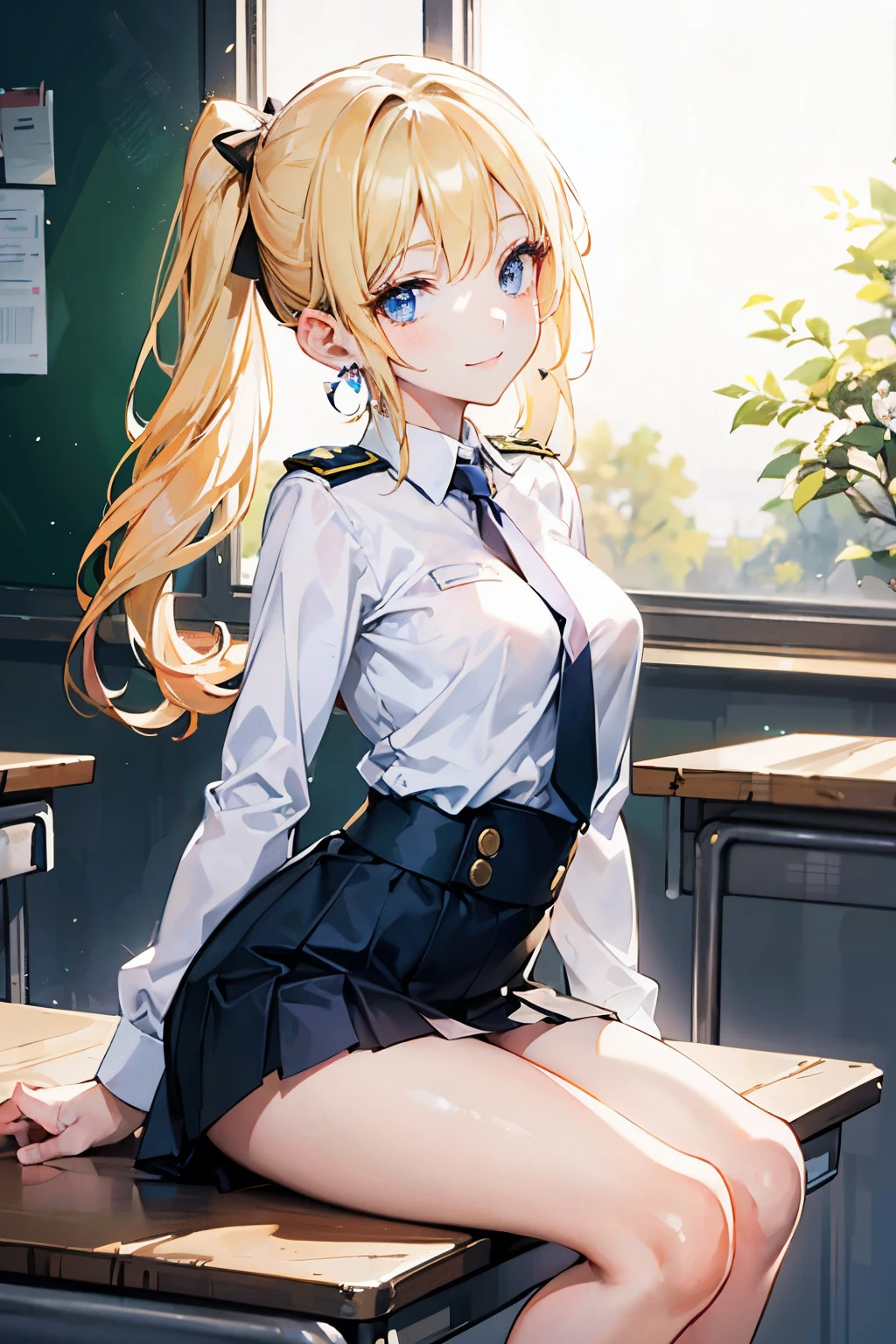 Realistic and detailed image of a girl in uniform with a pleated check miniskirt. She has long wavy blonde hair in pigtails. blue eyes. she has earrings, long eyelashes. she has small breasts, slim waist, very wide hips and thick thighs. smile, a satisfied look. legs open, panty view. back arched. She was sitting in a classroom exposed to the sun&#39;s rays at sunset..