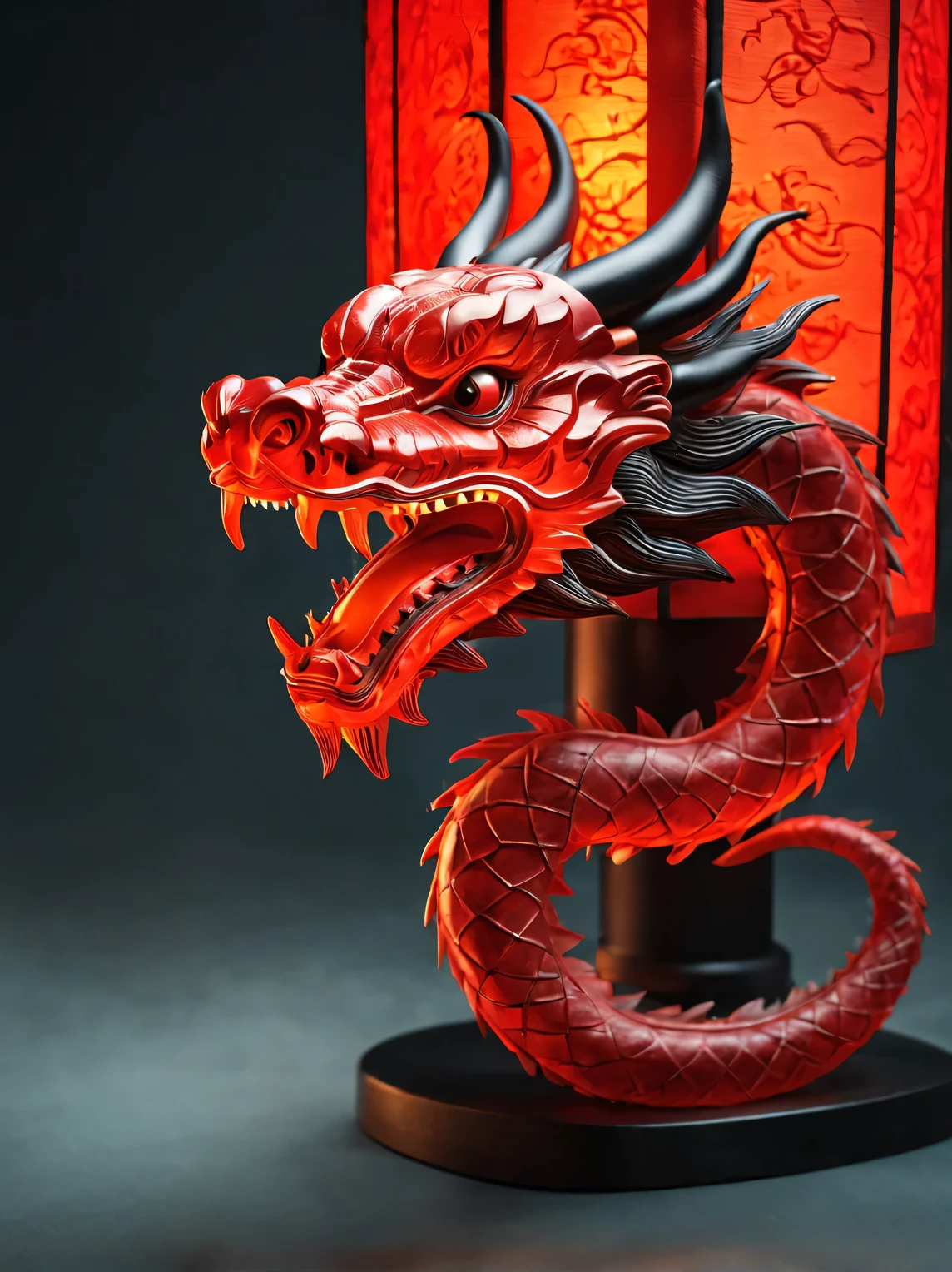 （product design），（Close-up of red lantern in the shape of Chinese dragon head），internally luminouackground：black，3D， cutting，