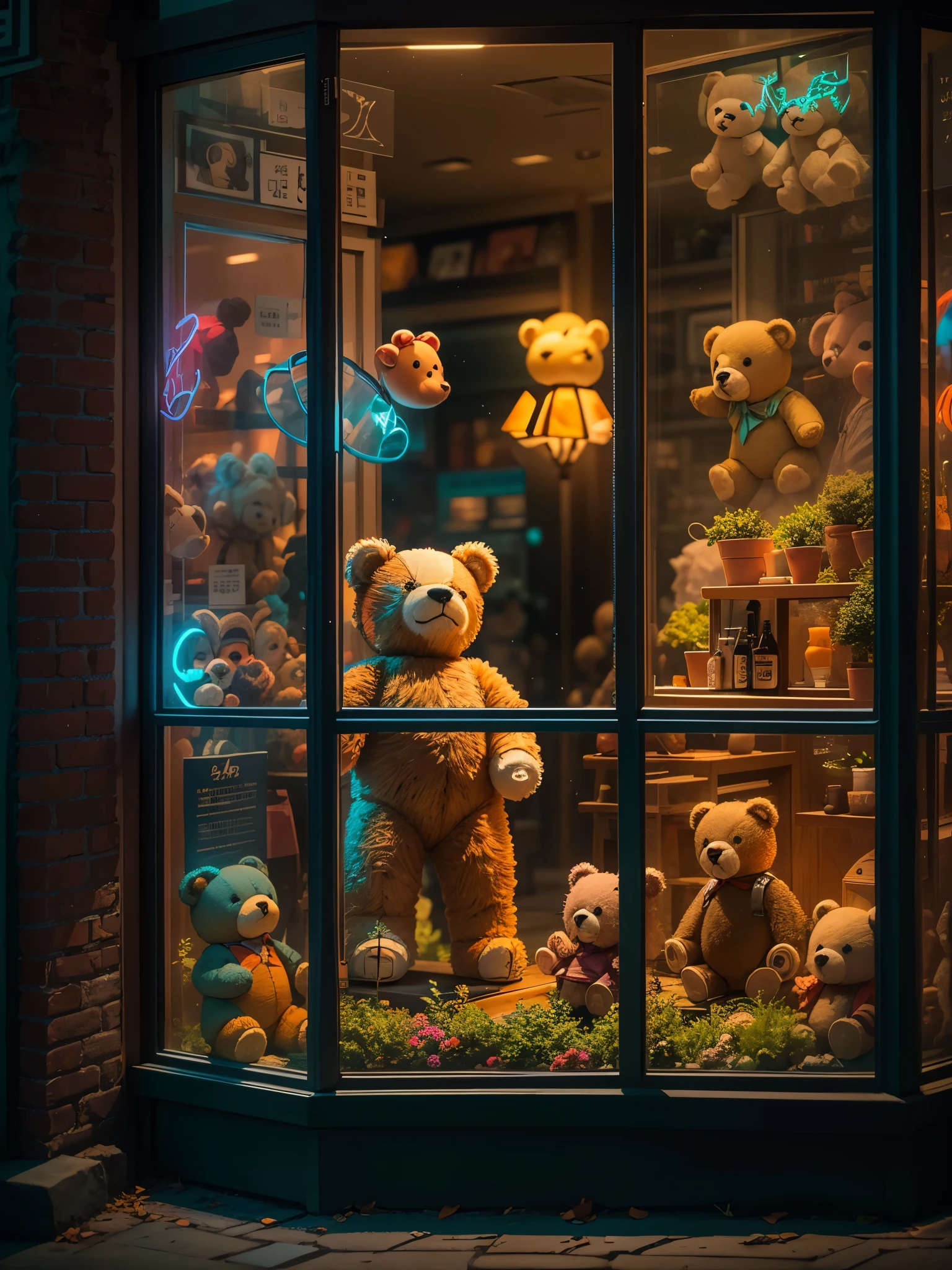 Interesting window display，Creative window display，Display of several exquisite teddy bear dolls。global illumination。particle tracking。neon lights，Colorful。8k ultra high definition 。（The old man looks into the window。old man&#39;s back。）