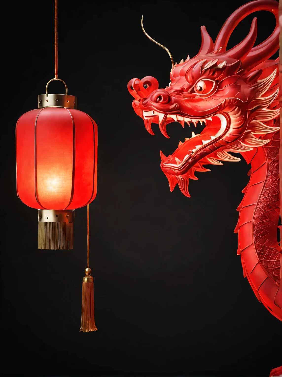 (product design),(Close-up of red lantern in the shape of Chinese dragon head),internally luminouackground:black,3D, cutting,