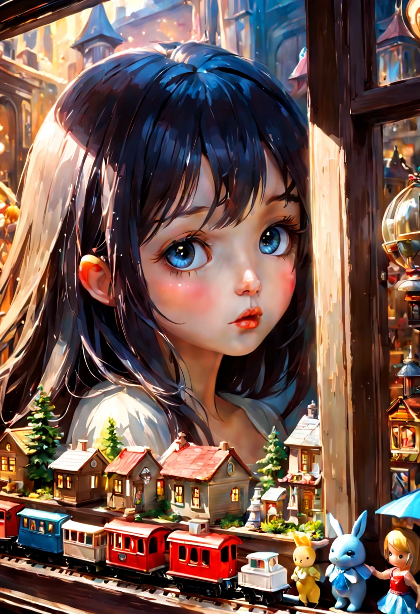 Closeup of an enchanting window display of a toy shop filled with the wonderful magical miniature fantasy world of toys, trains and dolls, midnight shiny glowing moist, deep eyes, delicate scales, magical aura, illustration, perfect shapes and textures, fine details, nose, artistic shaded lighting by giuseppe dangelico pino, artgerm, michael garmash, rob rey, oil painting, wlop, 16k matte painting, a masterpiece, oil gouache melting, acrylic, high contrast, colorful polychromatic, ultra detailed, ultra quality, CGSociety