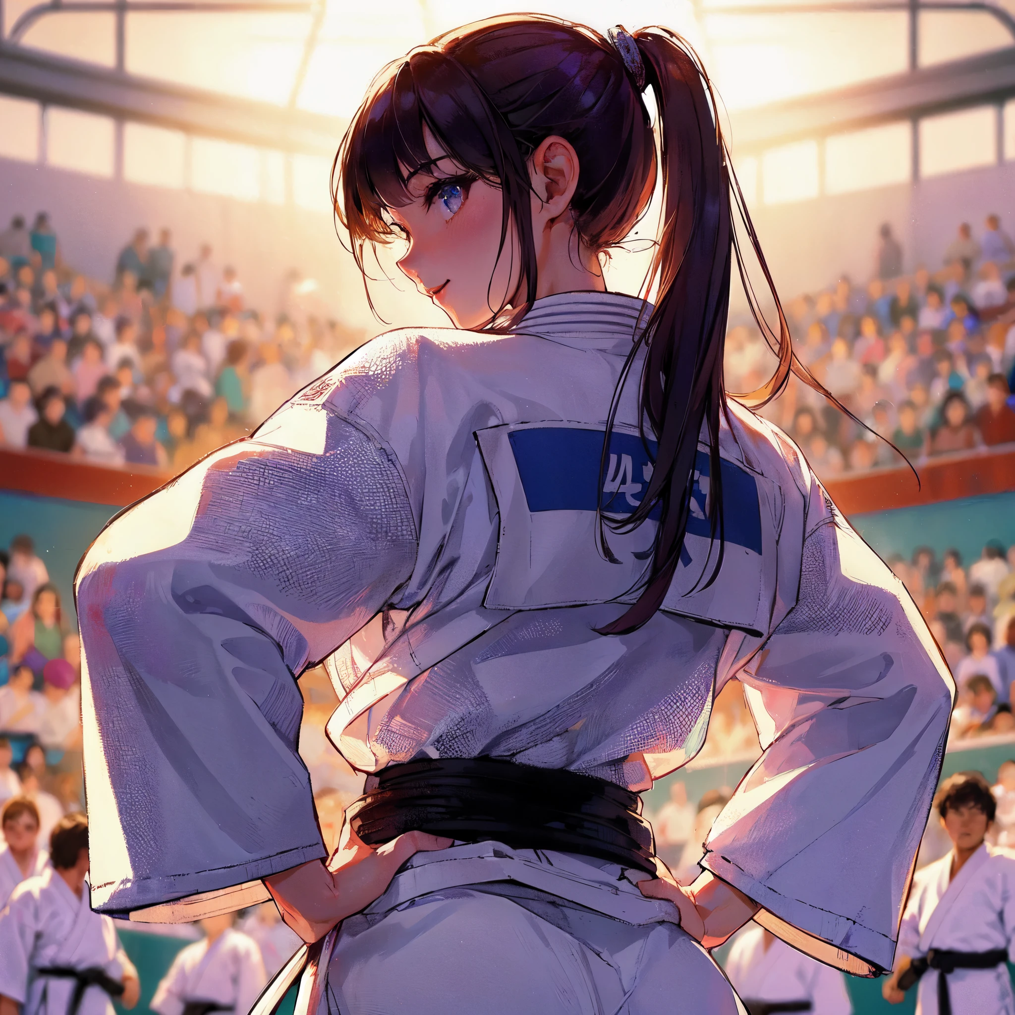 high quality,hd,16k,1girl,female judo athlete,white kimono ,cute face, large breasts, slender body, delicate body,nice legs, sweat,light clothing, in judo venue,focus girl,detailed beautiful face,detailed clothes,beautiful eyes,pretty smile,dynamic angle