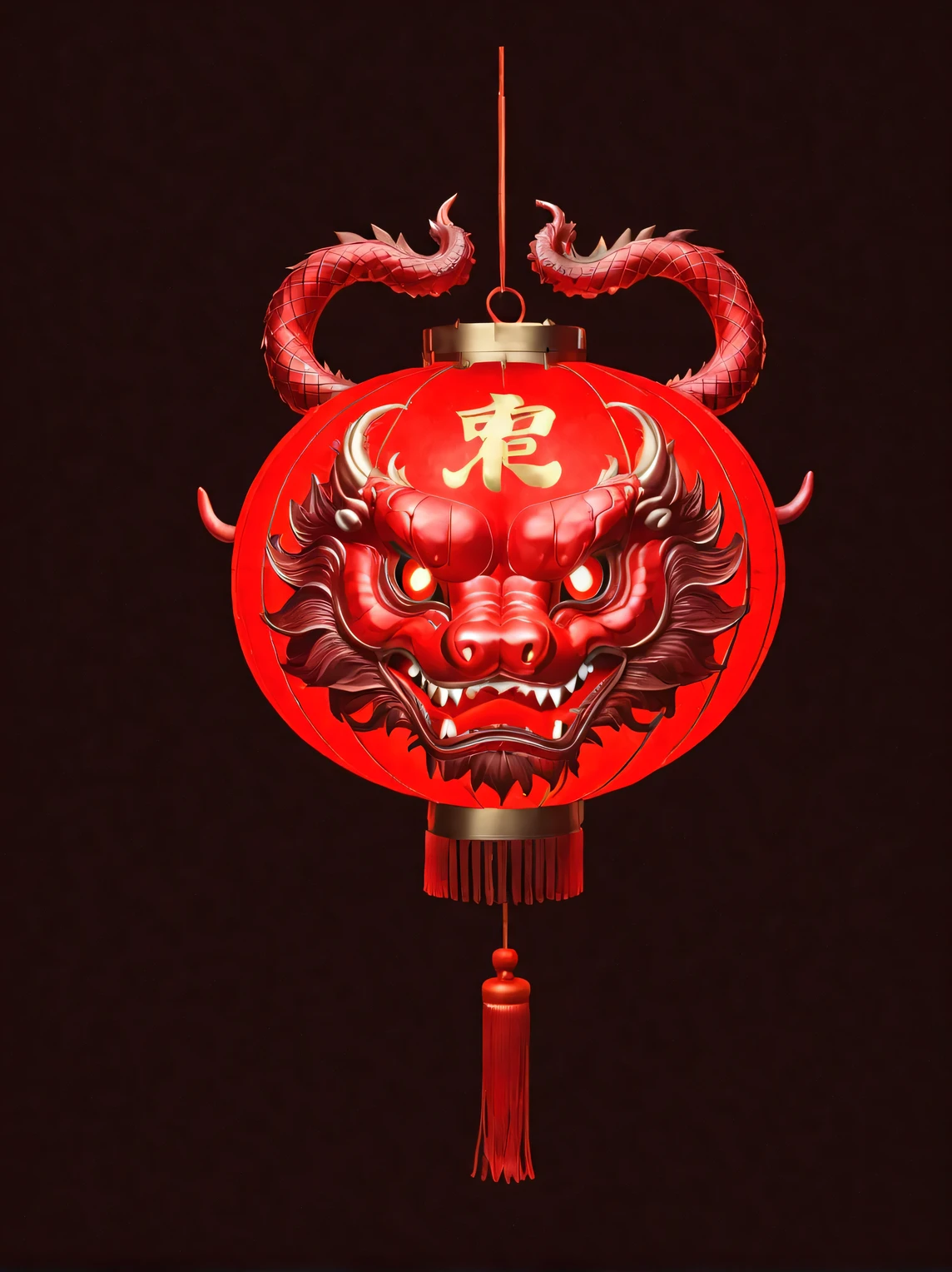 (product design),(Close-up of red lantern in the shape of Chinese dragon head),glow,background:black,3D, cutting
