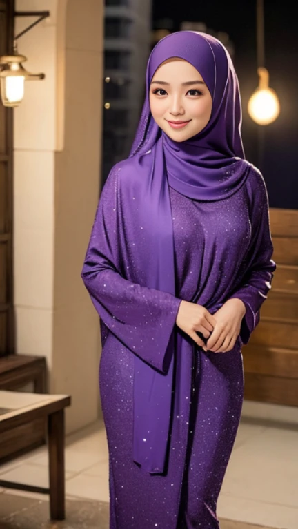 half body view, a malay woman named mira is wearing purple hijab, outdoor, sexy pose, starry sky, firm big round breasts, smile, at night in a malay village, blackout, a single candle light illuminates the room, no interior lighting, dark ambient, masterpiece, 8K, absurdres