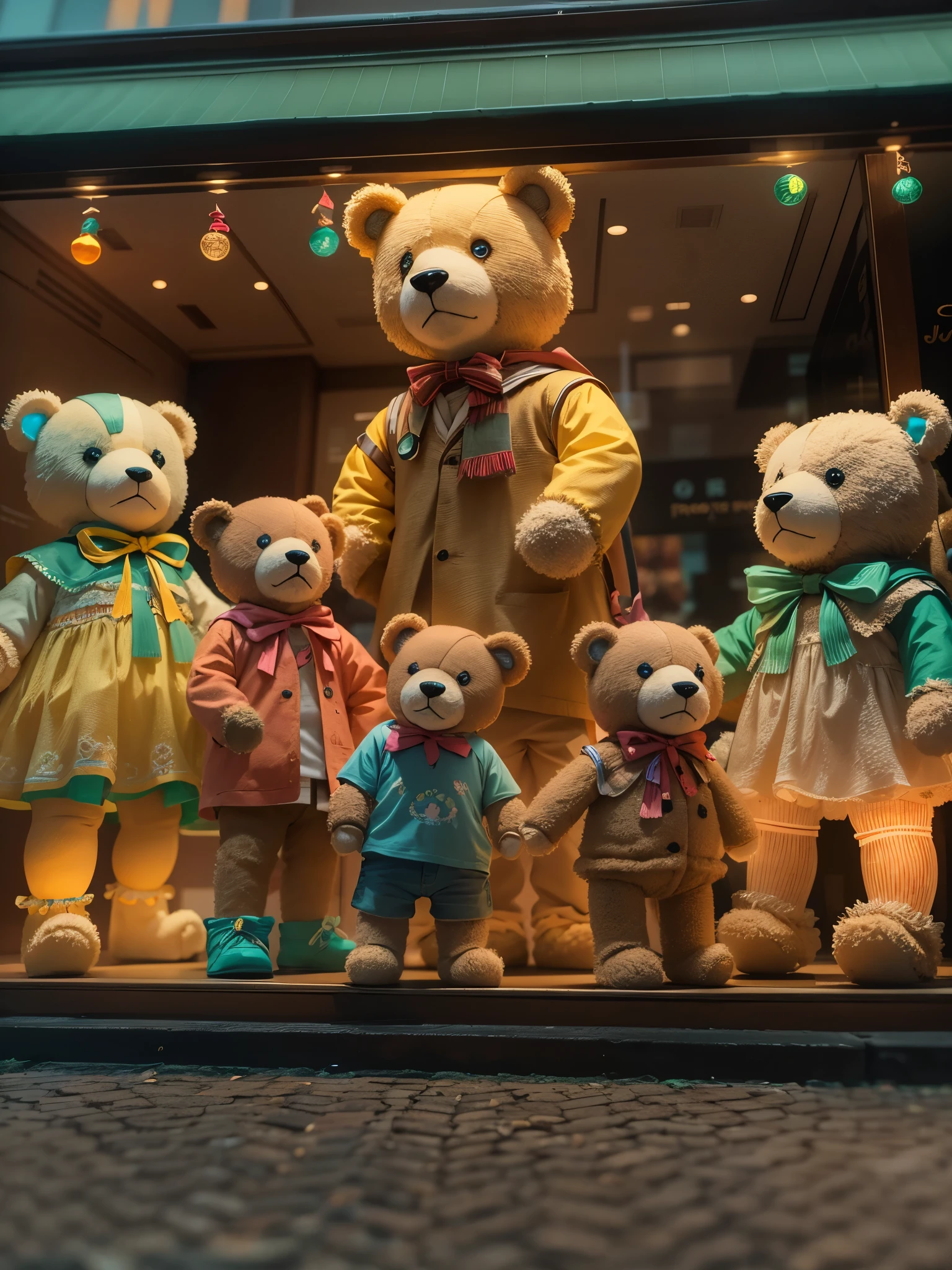 Interesting window display，Creative window display，Display of several exquisite teddy bear dolls。global illumination。particle tracking。neon lights，Colorful。8k ultra high definition 。（ in tattered clothes。）