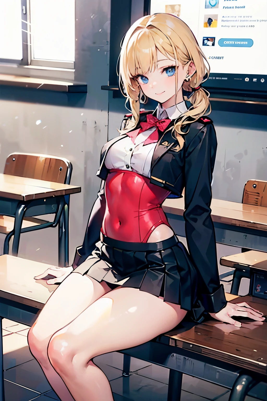 Realistic and detailed image of a girl in uniform with a pleated check miniskirt. She has long wavy blonde hair in pigtails. blue eyes. she has earrings, long eyelashes. she has small breasts, slim waist, very wide hips and thick thighs. smile, a satisfied look. legs open, panty view. back arched. She was sitting in a classroom exposed to the sun&#39;s rays at sunset..