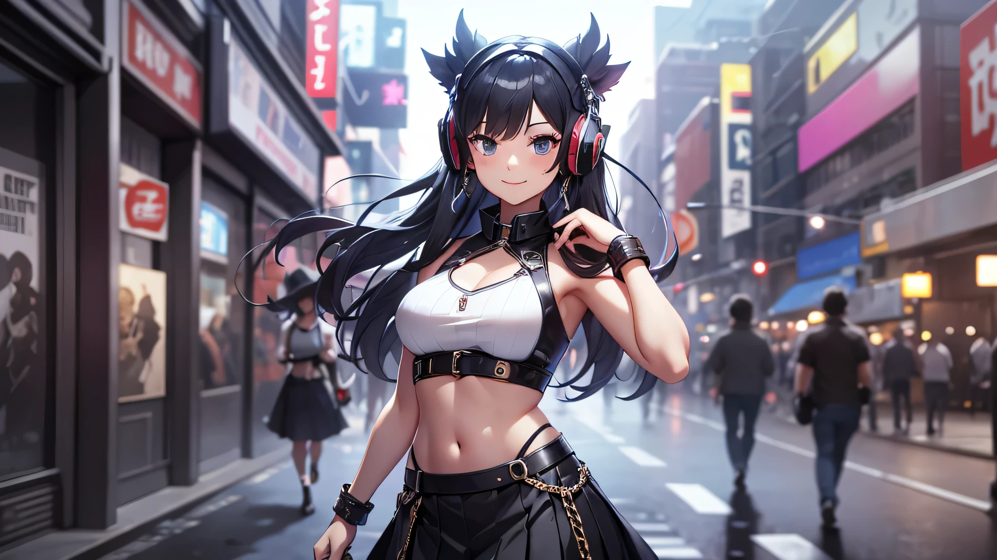 最high quality、best image quality、masterpiece、teenage girl((18-year-old、 by becoming、vest bust、medium bust,wide open breast tea、black eye, black hair、long hair、thin,highest valley、cute makeup、black short skirt、Red spats、fluttering hair、white navel tank top、chain accessories、headphones,dance motion,Fierce dance、best smile)),high quality、beautiful art、background((Live on the street、galleries、Akihabara)),pieces fly、Depth of written boundary、movie、visual art、perfect art、