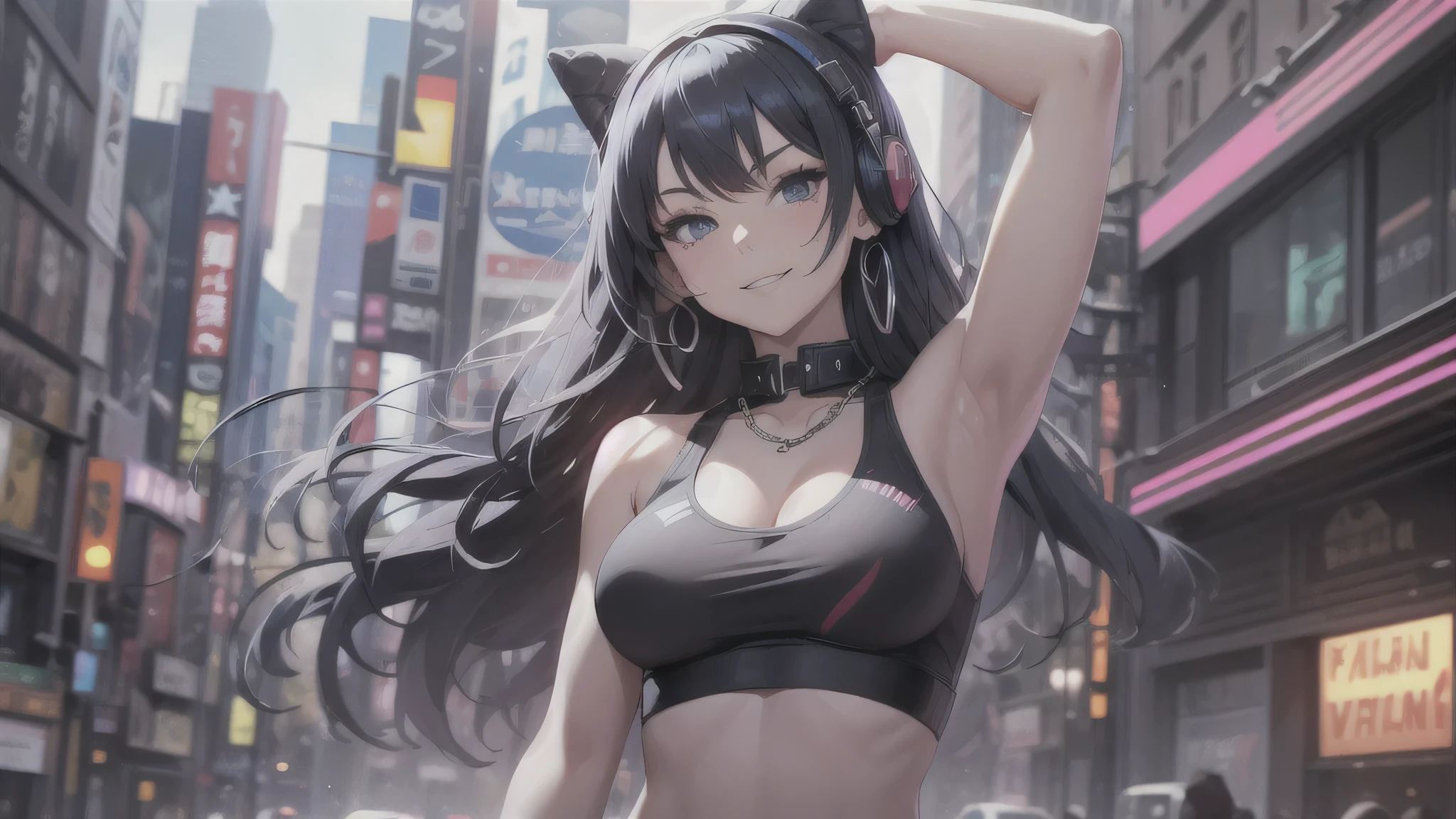 最high quality、best image quality、masterpiece、age girl((18-year-old、 by becoming、vest bust、medium bust,wide open breast tea、black eye, black hair、long hair、thin,highest valley、cute makeup、black short skirt、Red spats、fluttering hair、white navel tank top、chain accessories、headphones,dance motion,Fierce dance、best smile)),high quality、beautiful art、background((Live on the street、galleries、Akihabara)),pieces fly、Depth of written boundary、movie、visual art、perfect art、