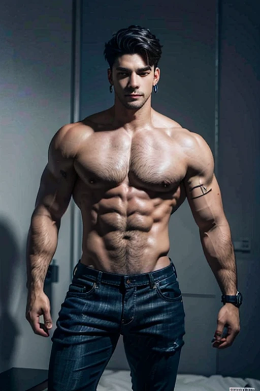 full body photo, explicit, young man, big chest muscles, showing abs, black hair, smile, light, (masterpiece,
top quality, best quality, official art, beautiful and aesthetic:1.2), (2man:1.3),
extremely detailed, (fractal art:1.1), (colorful:1.1), highest detailed, (dynamic
pose), (many colors:1.4), ,(earrings:1.4), 2boys, skin structure, guy, real men ,real
hair, bulge in jeans, realistic, human