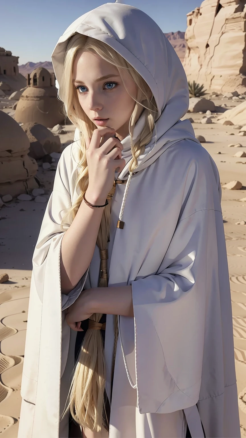 22 year old white female、hair color is blonde、blue eyes、long hair、The ends of the hair are wavy、hair is set、accessories on wrist、wears a cloak that covers the entire body、wearing a hood、wearing a muffler、covering the mouth with a muffler、Inside a ruin in the desert、