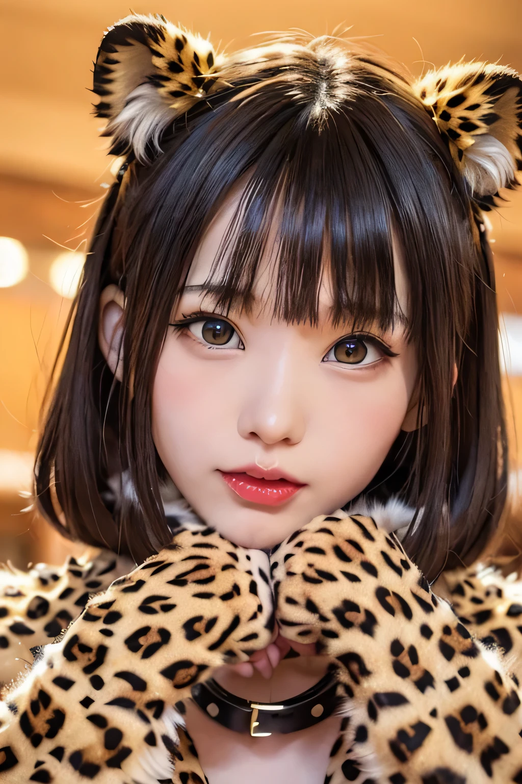 8K、((wear a leopard print fur coat))、leopard print headband、(leopard print collar)、leopard print gloves、1 girl、flat body、slim、cute、primary school student'face、head shot、bright red lips、cat's eyes、mouth with fangs、background in cage