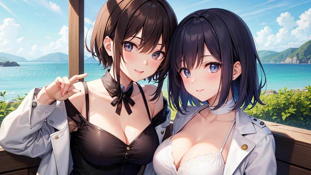 super high quality, girl, 20-year-old, とてもshort hair, long bangs between the eyes, very detailed,(masterpiece、highest quality)、alone、dark grey, silver hair, gray eyes, beautiful eyes,、short hair,blue sky , sunlight,fantasy landscape,smile、I can see your chest、white coat、cute pose