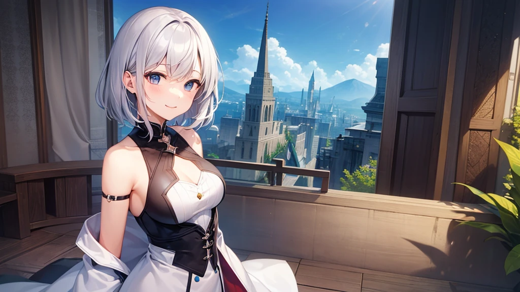 super high quality, with a girl, 20-year-old, very short hair, long bangs between the eyes, pale blue eyes , blue sky, sunlight, very detailed,(masterpiece、highest quality)、alone、gray hair、laughter、White skin as clear as snow、fantasy, silver hair, black eye, beautiful eyes,, ecstasy, charm, be smitten with audience, fantasyな風景、evening