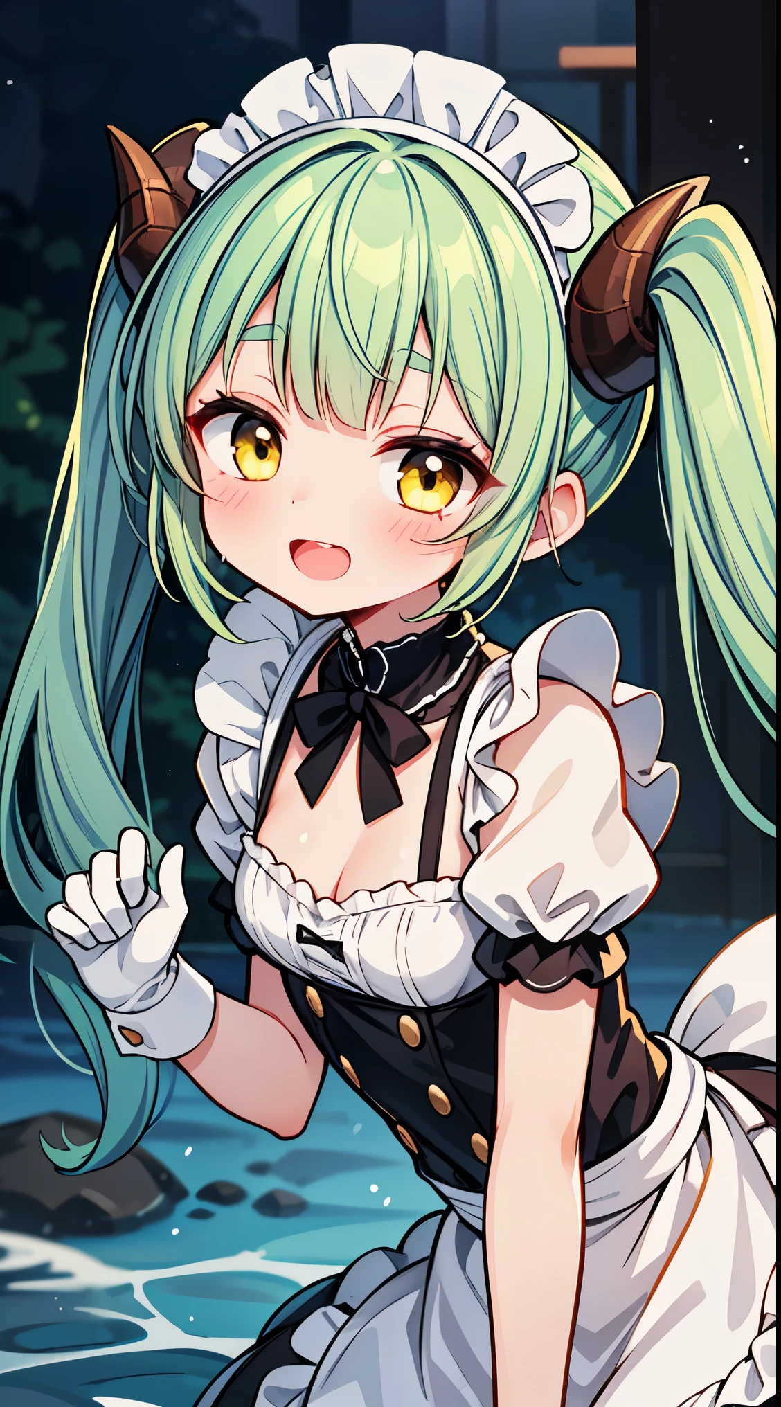 (masterpiece, top quality, best quality, official art, beautiful and aesthetic:1.2),ultra-detailed,intricate details,amazing illustration,award-winning art,atmospheric,
BREAK, 1 beautiful girl,(rs old girl),Solo,(cute:1.5),(chibi:0.6),(kawaii:1.5),(loli:0.5), BREAK,:d,(twintail, green hair, horns, long hair:1.35),(yellow eyes, double, slanted eyes slanted eyes:1.25),blush,double teeth,((D cup breasts))),heart,gaze,maid,/maid dragon/,dragon tail,(long eyelashes, double eyelids, fine eyebrows:1.2),solo,glowing skin,clear skin,beautiful skin,(top quality face),(top quality slanted eyes),maid outfit,gloves,open mouth,short sleeves,smile,white gloves,
BREAK , (maid costume:1.4), in waterfall basin, takigyou, little maid girl, focus upper body, closed eyes, splash of water, wet hair, wet clothes, cover her head with water BREAK,wakame,wakame,wakame,(Cowboy Shot:1.4),
BREAK,(Blurry background:1.3),(absurderes, hight resolution, Super Detail Art),cel shading,Clear Color, Lonely optical effect, Beautiful pictures, Bright glow, mystic atmosphere,(Close-up of girl:1.1), Mystical light particle effect,manga influence, clean line drawings,