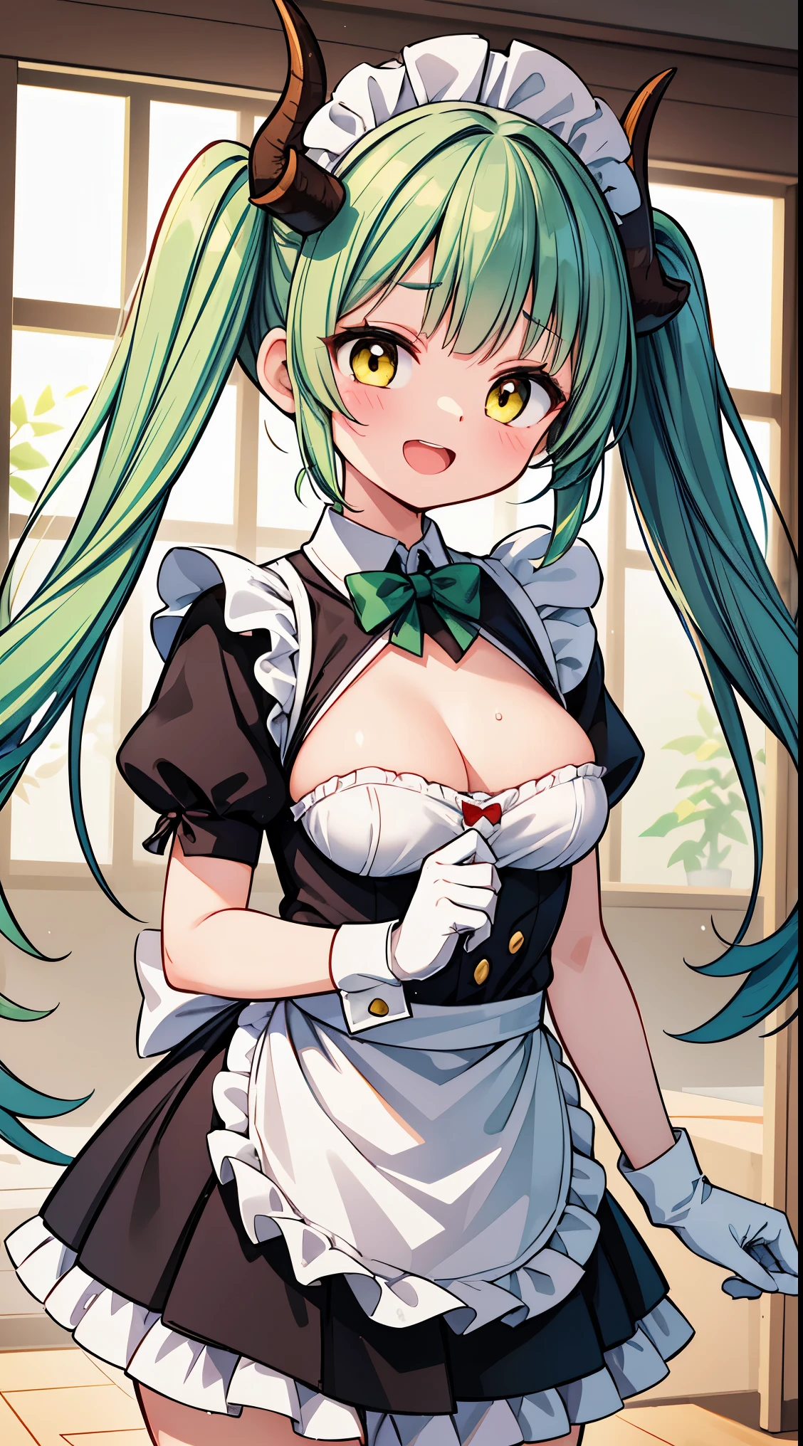 (masterpiece, top quality, best quality, official art, beautiful and aesthetic:1.2),ultra-detailed,intricate details,amazing illustration,award-winning art,atmospheric,
BREAK, 1 beautiful girl,(17 yrs old girl),Solo,(cute:1.5),(chibi:0.6),(kawaii:1.5),(:0.5), BREAK,:d,(twintail, green hair, horns, long hair:1.35),(yellow eyes, double, slanted eyes slanted eyes:1.25),blush,double teeth,((D cup breasts))),heart,gaze,maid,/maid dragon/,dragon tail,(long eyelashes, double eyelids, fine eyebrows:1.2),solo,glowing skin,clear skin,beautiful skin,(top quality face),(top quality slanted eyes),maid outfit,gloves,open mouth,short sleeves,smile,white gloves,
BREAK , (maid costume:1.4), in waterfall basin, takigyou, little maid girl, focus upper body, closed eyes, splash of water, wet hair, wet clothes, cover her head with water BREAK,wakame,wakame,wakame,(Cowboy Shot:1.4),
BREAK,(Blurry background:1.3),(absurderes, hight resolution, Super Detail Art),cel shading,Clear Color, Lonely optical effect, Beautiful pictures, Bright glow, mystic atmosphere,(Close-up of girl:1.1), Mystical light particle effect,manga influence, clean line drawings,
