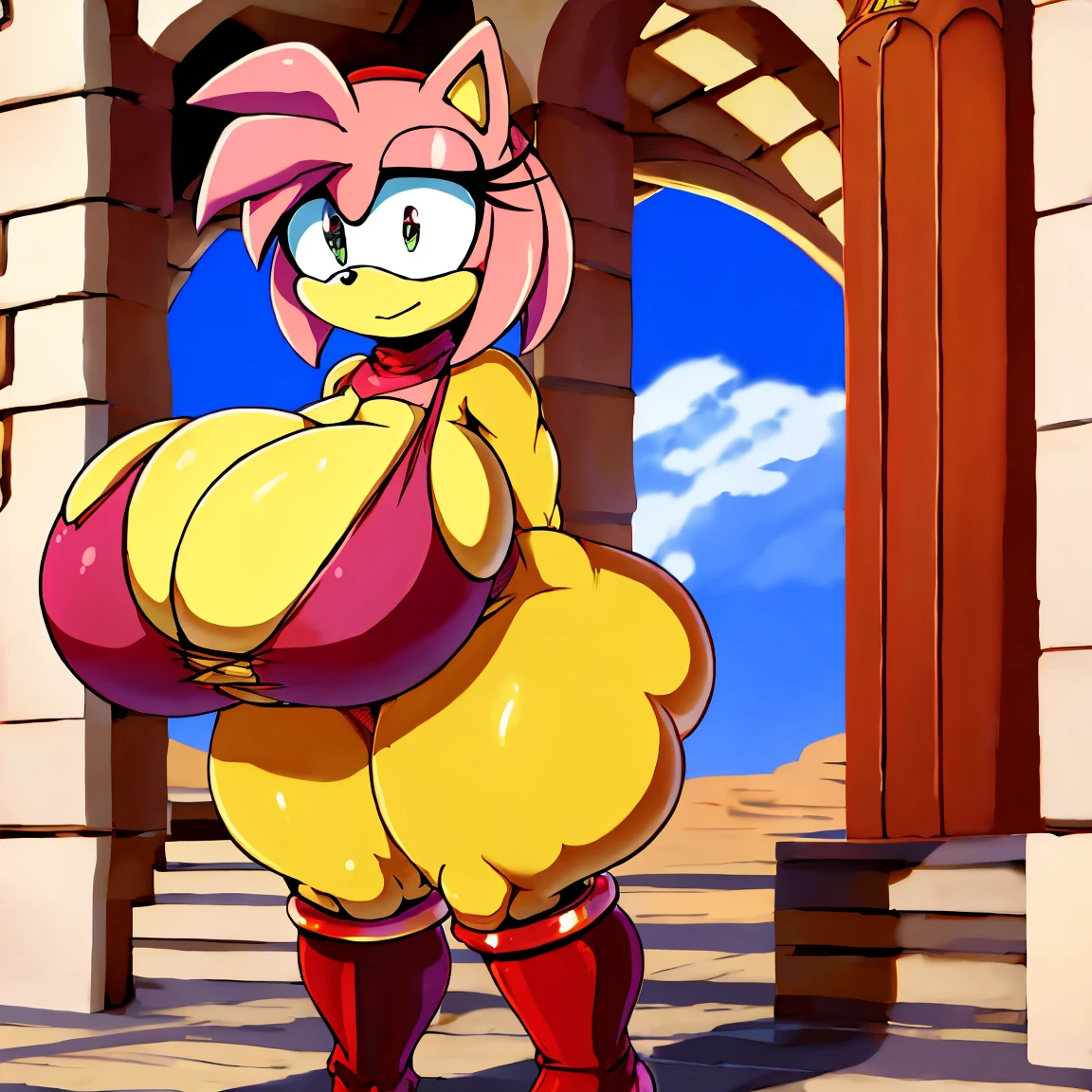 AmyRose. cuello. armadura medieval. enormous droopy breasts. (Very high definition. 8k). Chica Thicc. Trazos de cuerpo extra detallados. Trazos de ojos extra detallados. ojos verdes, cuerpo de reloj de arena.