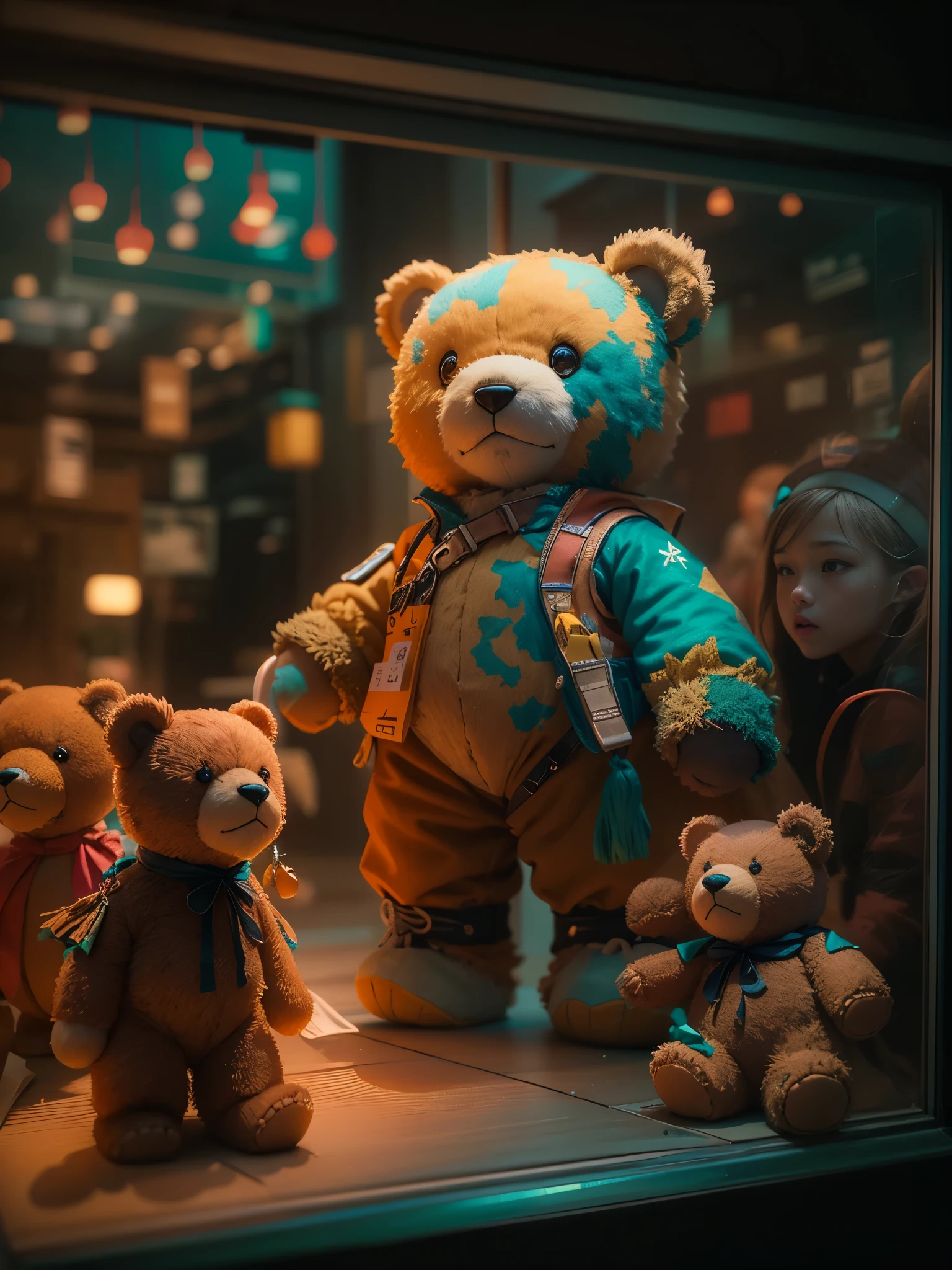 Interesting window display,Creative window display,Display of several exquisite teddy bear dolls。global illumination。particle tracking。neon lights,Colorful。8k ultra high definition 。(child in tattered clothes。)