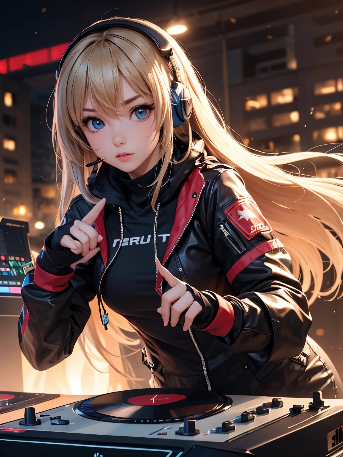 ((best quality)), (high detail), (1girl), DJ mixing vinyl records, LED headphones, music notes in the air, (action pose), vibrating beats, neon eyes, HDR, 4K, 3D