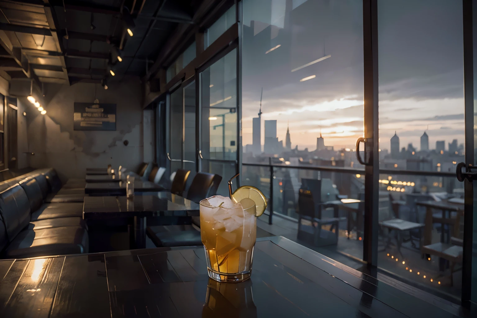 a stunning transparent glass bottle and a incredible cocktail gren lemon cocktail decorated with salt in the ribbet over a ((slick chrome table, in a cozy rooftop bar, professional photography, panoramic shot, manhattan in the background, wide angle, excessive realistic textures, photo masterpiece, dramatic lights, cinematic color effect, extreme realistic photo, muted colors, best quality, 8k, impressive, slick, beautiful marketing photo, professional stock photo style, ,Epicrealism,Photorrealistic