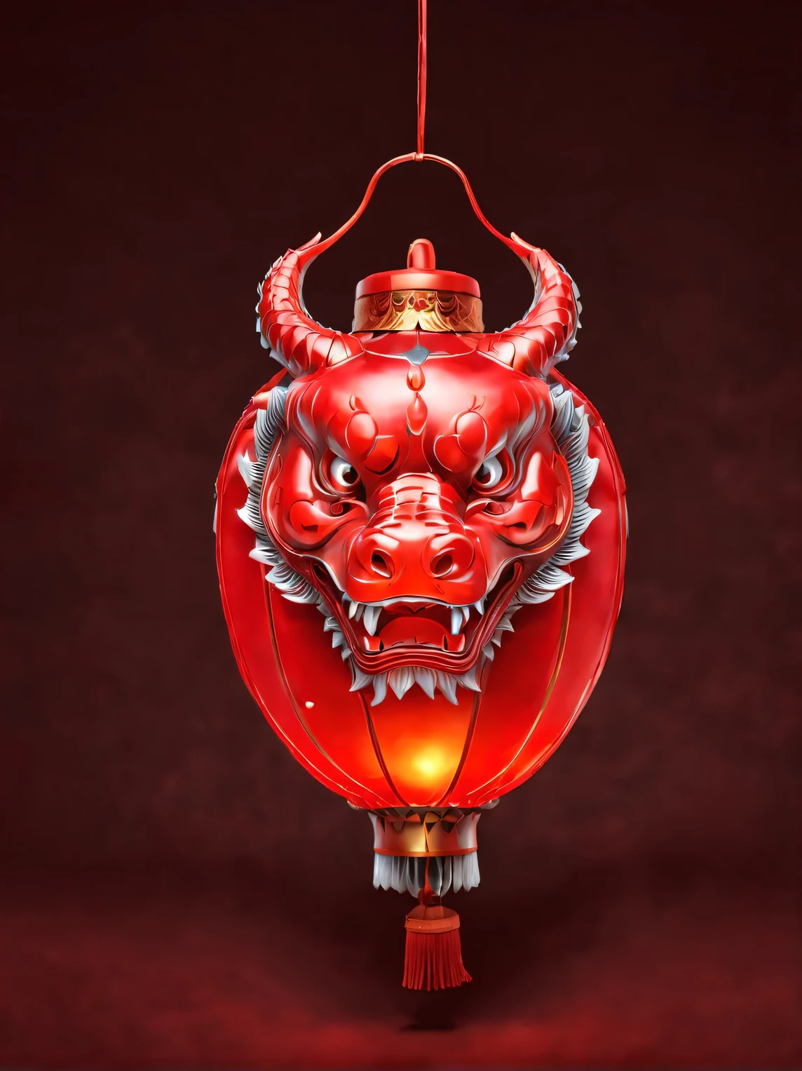 (product design),(Close-up of red lantern in the shape of Chinese dragon head),glow,background:black,3D, cutting