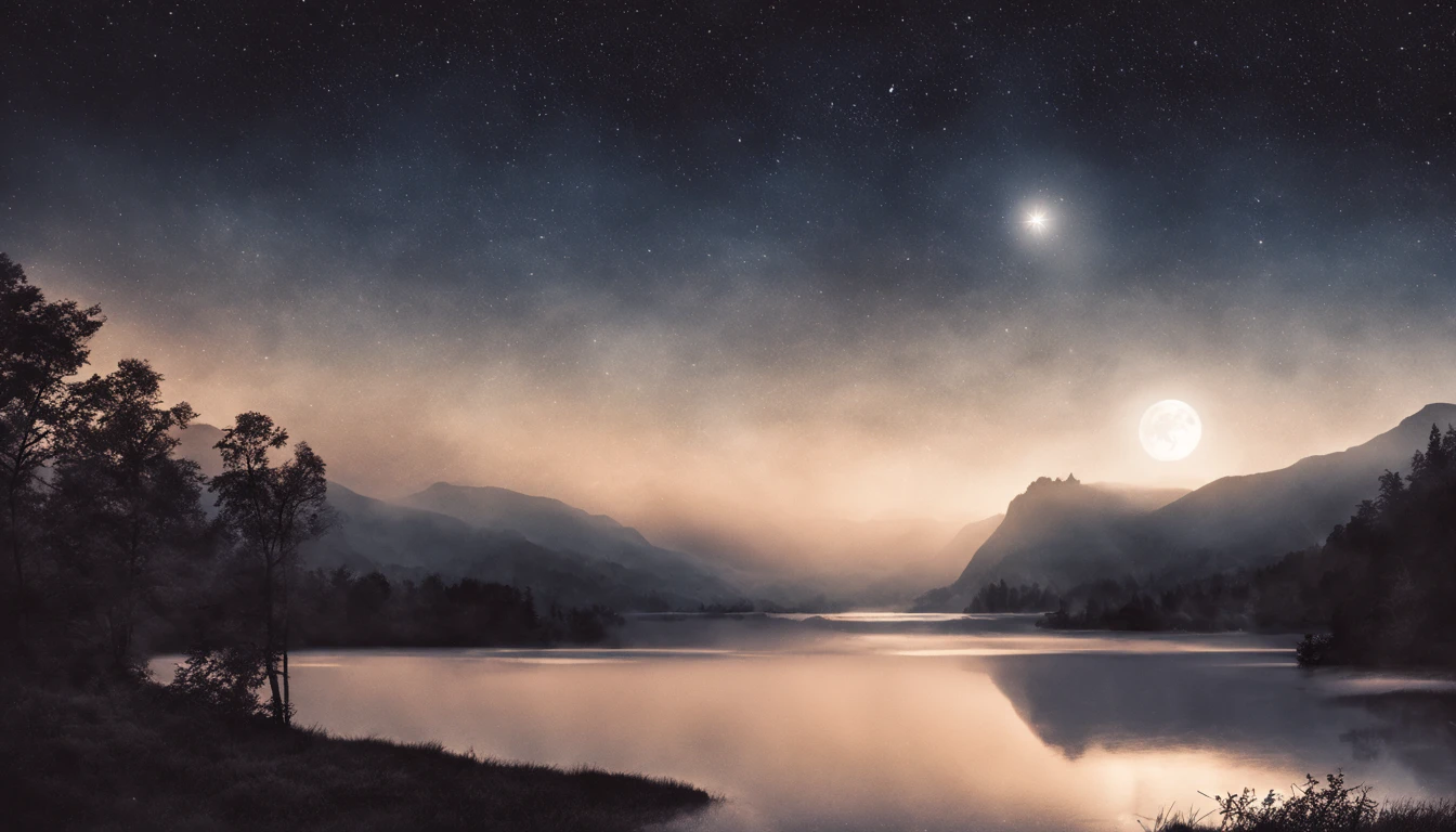 "(best quality, highres), night paysage, moonlit sky, twinkling stars, serene atmosphere, peaceful landscape, dark silhouettes, gentle breeze, distant mountains, calm lake, reflection of moon, soft shadows, mystical ambiance, enchanting view, dreamy colors, surreal scenery, hazy mist, silvery moonlight"