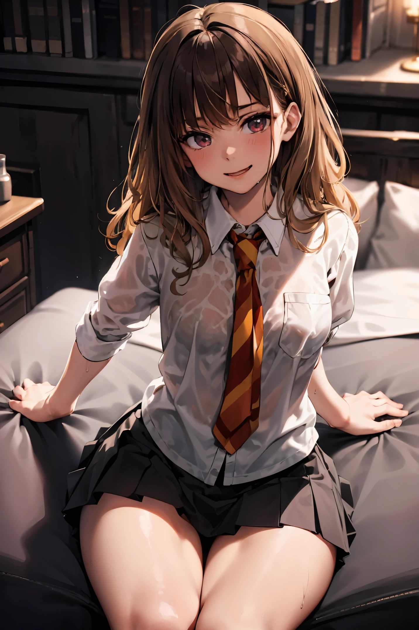 masterpiece, High quality ,Dynamic angle, cowboy shot, 12 years, 1 girl, child, solo, Hermione Granger, School White Shirt, Wet shirt, Very short skirt, very detailed beautiful face and eyes, beautiful skin, Wet, ruddy, Sperm, Sperm on face, Perfect anatomical smile, Bedroom, Bright sunlight, Hips, широкие Hips, Spreading your legs, Атлетические Hips, erotica, , shiver, is sitting, armchair, nipples