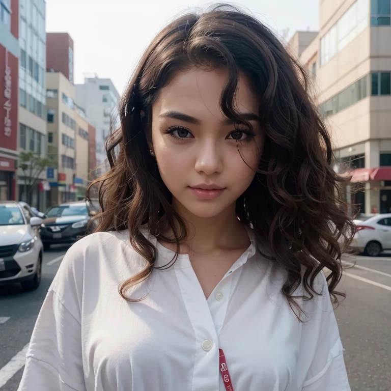、((standing pose and look towards the viewer))、(head to shoulder like dont have neck), big neck size , ((pale skins)) , big and short , ((male)) , right eye deformed like a hole , left eye a bit comeout , big body , short height , far distance between right leg and left leg , sharp nose like a bird mouth , ((beside of the road in the city with people in the background))、nikon RAW photo、16 K、FujifilmXT3、masterpiece、top-quality、realisitic、Photorealistic、ultra-detailliert、extra detailed face, High-end makeup products、 and a stylish expression on her face、(FULL BODYSHOT) , (wide angle view) ,((( long very curly hair))) , front facing