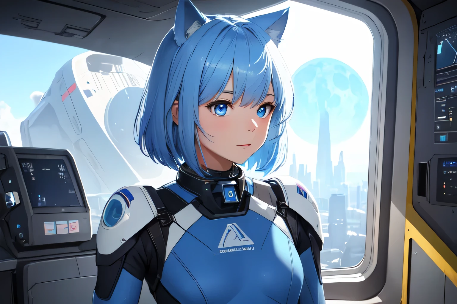 (8k, HDR, RAW photo, best quality, masterpiece:1.2, realistic lighting), girl, looking out the window, looking out, solo, (thin face), realistic beautiful face, very detailed face, poker face, (bob cuts hair), ((sky blue hair)), path traced hair, (sky blue cat ears), ((sky blue eyes)), beauty eyes, perfect symmetrical eyes, clear sparkling blue eyes, (flat chest), (small breast), wearing a full body spacesuit, (spacesuit helmet), space city, technology city, futuristic city, flying cars, planets in the sky, giant moon