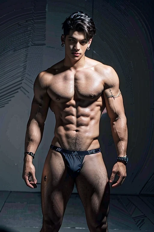 full body photo, explicit, young man, big chest muscles, showing abs, black hair, smile, light, (masterpiece, top quality, best quality, official art, beautiful and aesthetic:1.2), (2man:1.3), extremely detailed, (fractal art:1.1), (colorful:1.1), highest detailed, (dynamic pose), (many colors:1.4), ,(earrings:1.4), 2boys, skin structure, guy, realistic face, realistic body, naked, nude, shirtless, without clothes, big rounded ass