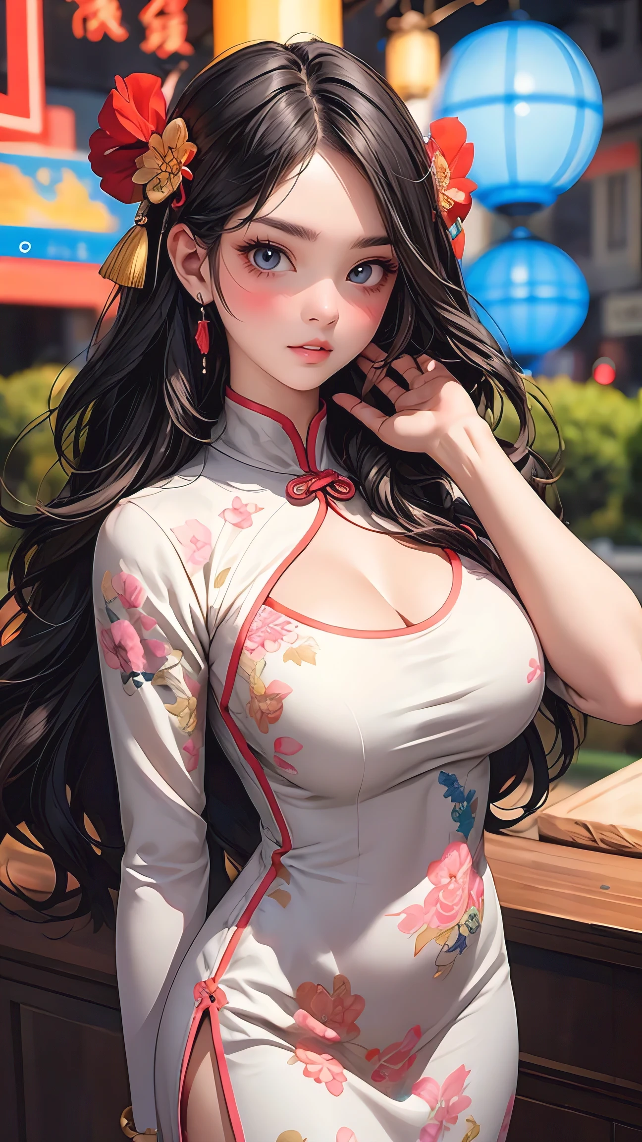 (masterpiece, best quality, photorealistic), woman, solo, perfect slim fit body, large breasts, wavy hair, hair ornaments, big gorgeous eyes, faint smile, parted lips, china dress, scenery in ancient China with neon lights, artistic, vibrant