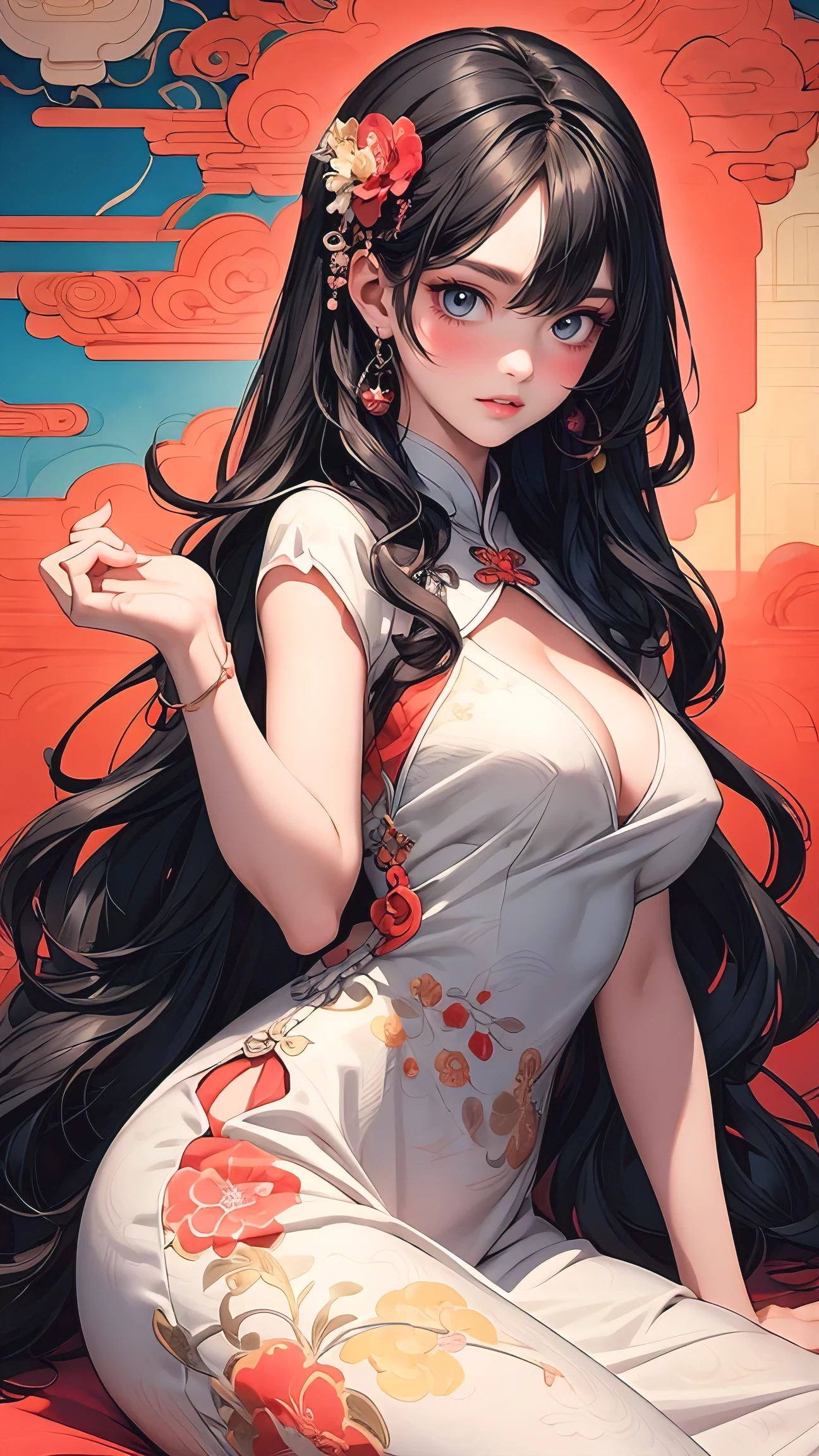 (masterpiece, best quality, photorealistic), woman, solo, perfect slim fit body, large breasts, wavy hair, hair ornaments, big gorgeous eyes, faint smile, parted lips, china dress, scenery in ancient China with neon lights, artistic, vibrant