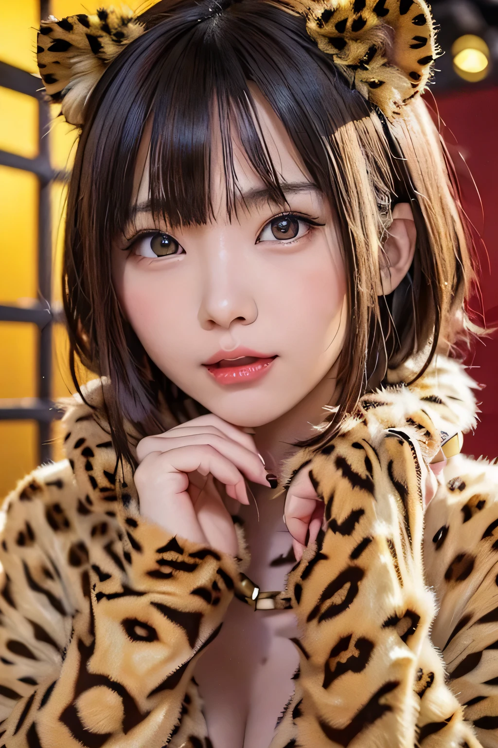 8K、((wear a leopard print fur coat))、leopard print headband、(leopard print collar)、leopard print gloves、1 girl、flat body、slim、cute、primary school student'face、head shot、bright red lips、cat's eyes、mouth with fangs、((jail background)))