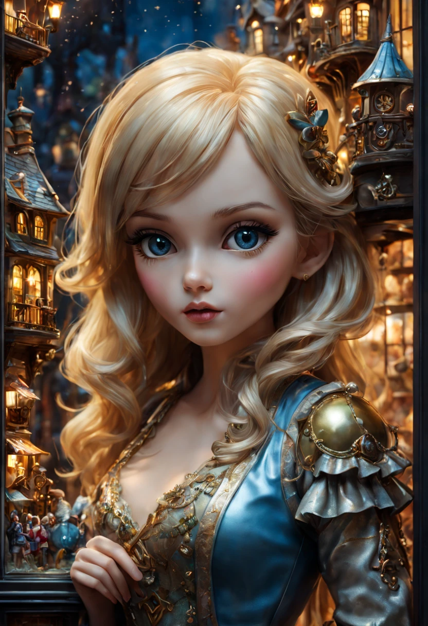 Closeup of an enchanting window display of a toy shop filled with the wonderful magical miniature fantasy world of toys, trains and dolls, midnight shiny glowing moist, deep eyes, delicate scales, magical aura, illustration, perfect shapes and textures, fine details, nose, artistic shaded lighting by giuseppe dangelico pino, artgerm, michael garmash, rob rey, oil painting, wlop, 16k matte painting, a masterpiece, oil gouache melting, acrylic, high contrast, colorful polychromatic, ultra detailed, ultra quality, CGSociety