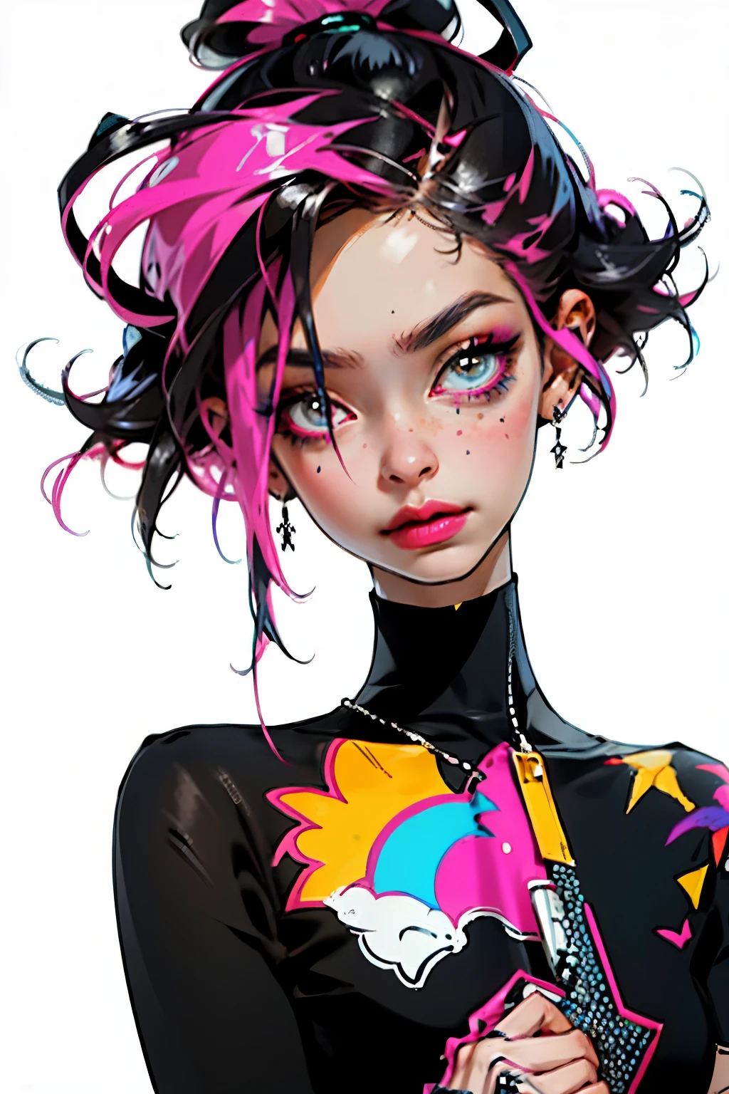 Superhero girl (“Elle Fanning”), (slender body: 1.3), (full height), (beautiful legs), (small round peach breasts), (sexy). Shining, sparkling, neon, (Correct anatomy: 1.4), Open bikini. A very beautiful, well-groomed girl, with clear skin, beautiful lips and a slight smile on her face. Beautiful figure, modern clothes, cool modern couture dress. Sexually. Presentation background, neutral gray-blue, in virtual space. Top quality, 16k Full HD, cinematic rendering. Create a piece of art that captures the unique beauty of baby Michela..., renowned digital influencer. Focus on her unique facial expression as she looks straight into the camera, trying to capture the intensity of her piercing blue eyes. Capture her signature style with a Spanish-inspired updo styled in two carefully crafted hairpieces. Add details that reflect her charming and avant-garde personality. We tried to convey the aura of modernity and originality that characterizes Lil Miquela in the digital world. A few freckles and nevi, long hair, braided hair.