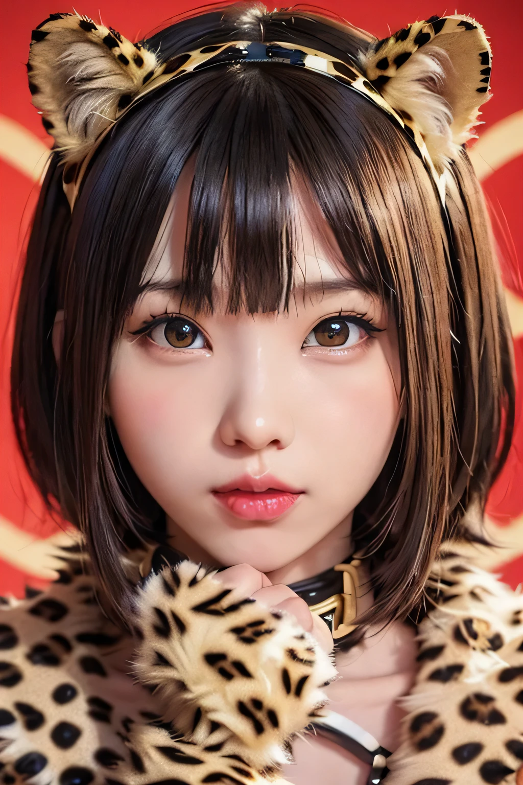 8K、((wear a leopard print fur coat))、leopard print headband、(leopard print collar)、leopard print gloves、1 girl、flat body、slim、cute、primary school student&#39;face、head shot、bright red lips、cat&#39;s eyes、close your mouth、((jail background)))