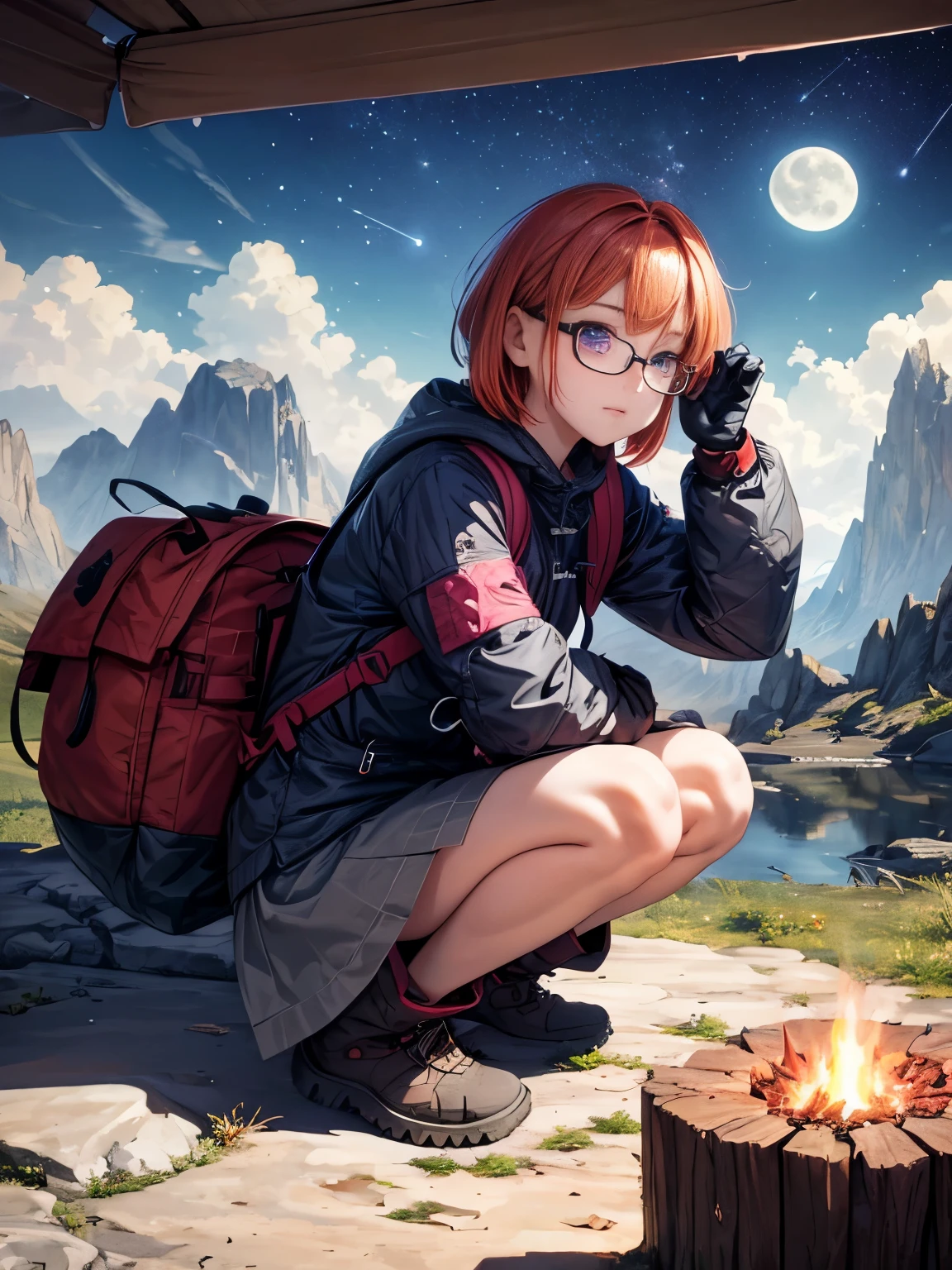 ((Reddish-purple eyes))、muste piece, best quality, ultra-detailsed, illustration, 1 girl, solo, outdoor, camping, night time, mountain range, nature, star, the moon, bonfire, tent, short hairstyle、Straight short、orange hair、cute girl、wearing glasses、cheerful, Feel happy, rucksack, sleeping bag, camping stove, Water bottle, mountain boots, gloves, sweater, flashLight, Mori, rock, riverbed, wood chips, smoke, shadow areas, contrast, clear sky, constellation, milky way, peaceful, Selene, Quietly, calm, remote, in the middle of nowhere, adventurous, expedition, escape, independent, survival, Kichi, challenge, perseverance, stamina, endurance, observation, intuition, Adaptability, Imagination, imagination, Artistry, Inspiration, Beauty products, awe, wonder, grateful, Appreciation, Relaxation, pleasure, rejuvenation, Mindfulness, consciousness, connection, harmony, to keep balance, Texture, details, Realism, depth, perspective, nice composition, color, Light, shadow area, reflection, refraction, tone, contrast, Qianfang, middle ground, background, naturalistic, figurative, Appearance, impression, Expressionism, abstract, innovative, experimental, only one