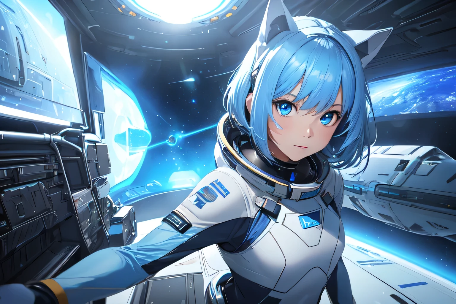 (8k, HDR, RAW photo, best quality, masterpiece:1.2, realistic lighting), Overhead view, Dynamic angle, girl on the spaceship, solo, (thin face), realistic beautiful face, very detailed face, poker face, (bob cuts hair), ((sky blue hair)), path traced hair, (sky blue cat ears), ((sky blue eyes)), beauty eyes, perfect symmetrical eyes, clear sparkling blue eyes, (flat chest), (small breast), wearing a full body spacesuit, (spacesuit helmet), (spaceship:1.3), detailed and complex busy background, surreal space, fantasy space, outer space