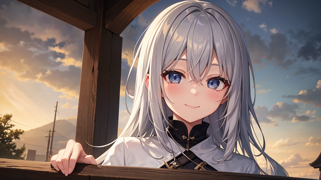 super high quality, girl, 20-year-old, とてもshort hair, long bangs between the eyes, very detailed,(masterpiece、highest quality)、alone、dark grey, silver hair, gray eyes, beautiful eyes,、short hair,blue sky , sunlight,fantasy landscape,smile、I can see your chest、white coat、Bathe in the springs