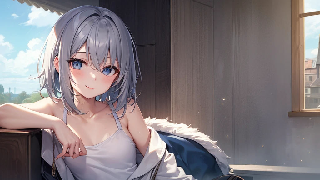 super high quality, girl, 20-year-old, とてもshort hair, long bangs between the eyes, very detailed,(masterpiece、highest quality)、alone、dark grey, silver hair, gray eyes, beautiful eyes,、short hair,blue sky , sunlight,fantasy landscape,smile、I can see your chest、white coat、Bathe in the springs