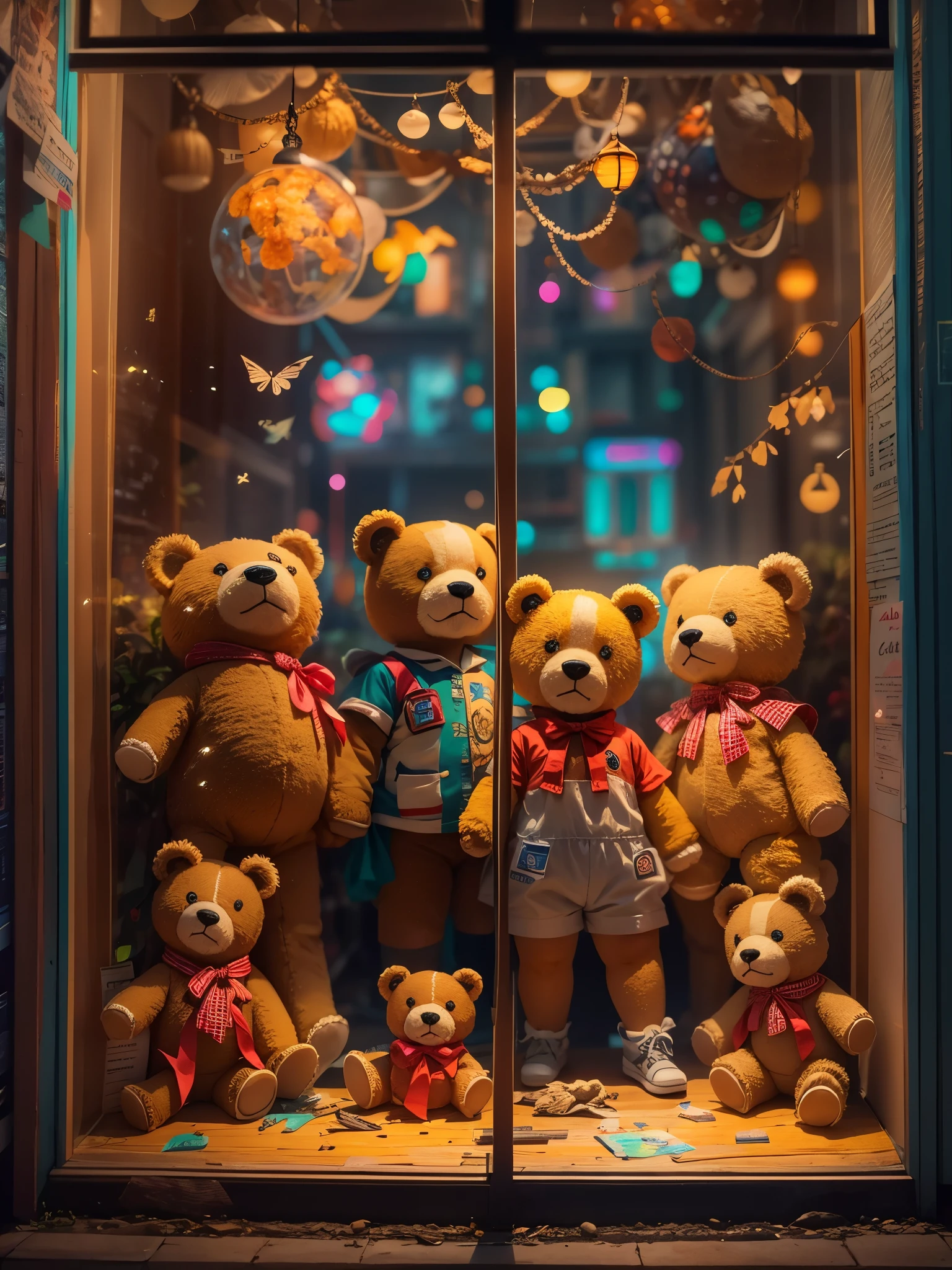 Interesting window display，Creative window display，Display of several exquisite teddy bear dolls。global illumination。particle tracking。neon lights，Colorful。8k ultra high definition 。（outside the window。child in tattered clothes。）