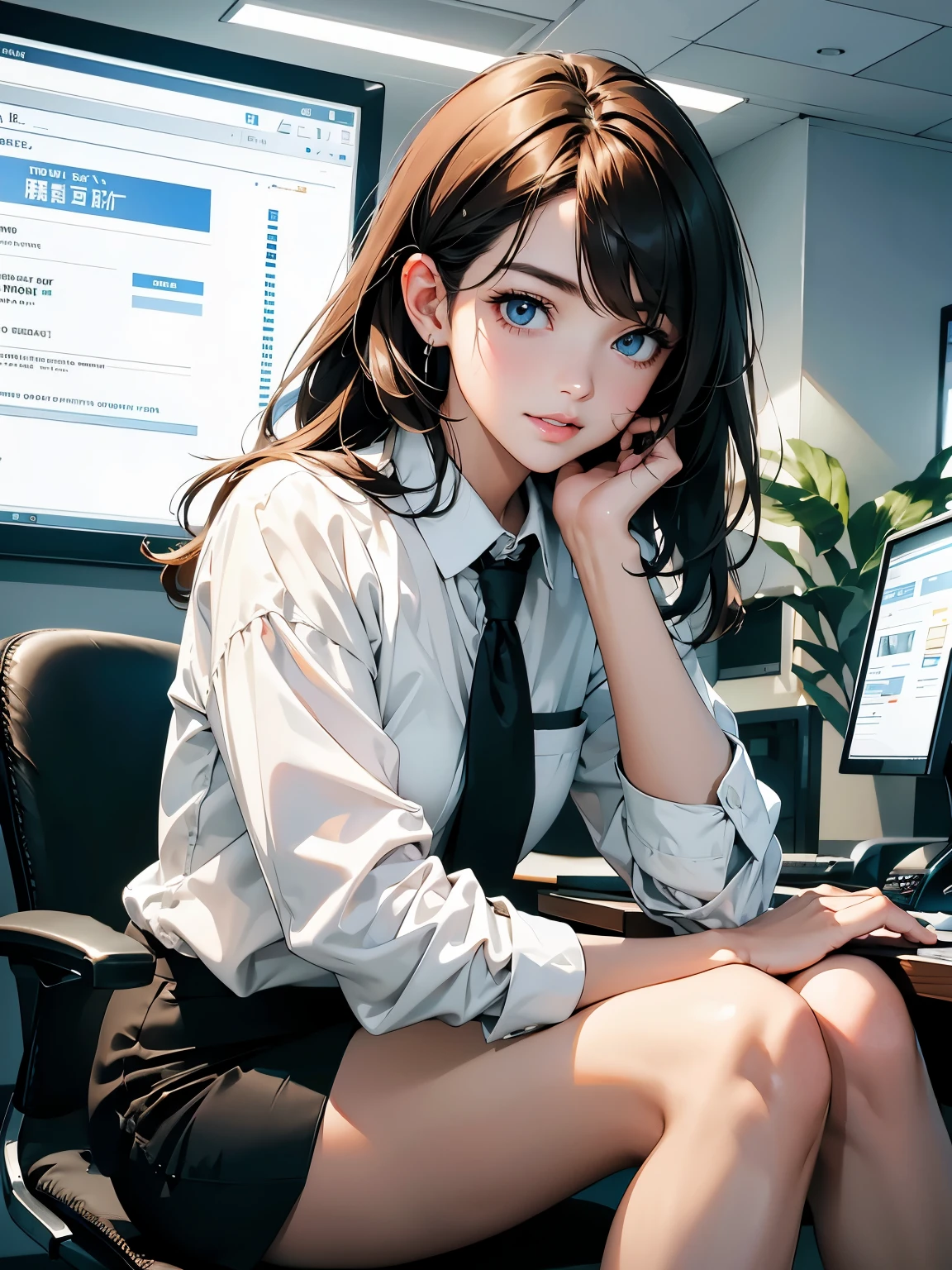 masterpiece、High resolution 8K、NSFW、sharp focus、contrast lighting、fine skin、muste piece、 highest quality、Ultra - High resolution、Super high resolution、Highly detailed CG、stock exchange、large office room、many large monitors、desk computer、trading、document、stock、chart screen、Horizontal focus male OL、woman is sitting on a chair、beautiful eyes、(Detailed face and iace:1 2)、narrow eyes、almond eye、Black pupil、eye gradation eye highlight:1.2)、(light reddish brown hair、middle、asymmetrical bangs)、(ID card、Blazer for office wear shortage、white cutter shirt、black pencil skirt、pumps)、(plump lips、gross、glossy lips、small breast size) 、(oval face : 1.4)、(thin fingers、fine arms、detailed human hand)、laughter half open、teeth visible