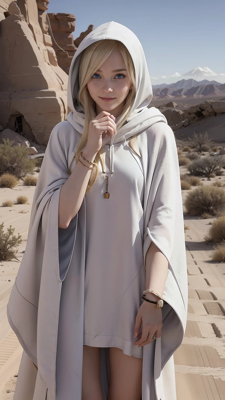 22 year old white female、hair color is blonde、blue eyes、long hair、The ends of the hair are wavy、hair is set、accessories on wrist、wears a cloak that covers the entire body、wearing a hood、wearing a muffler、covering the mouth with a muffler、Inside a ruin in the desert、smile